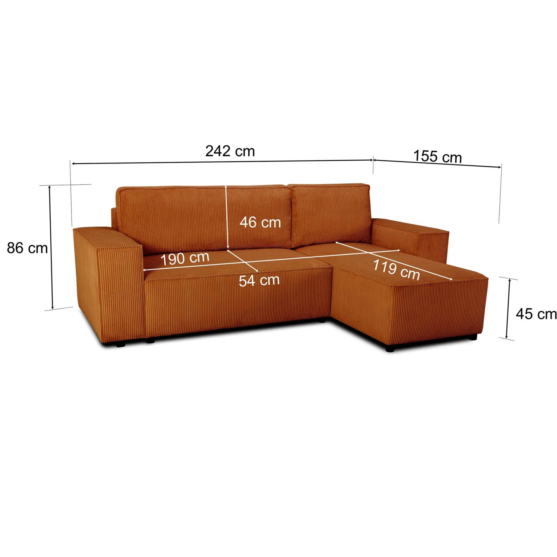 Ecksofa Josh links - mit Stauraum - terracotta gerippter Samt