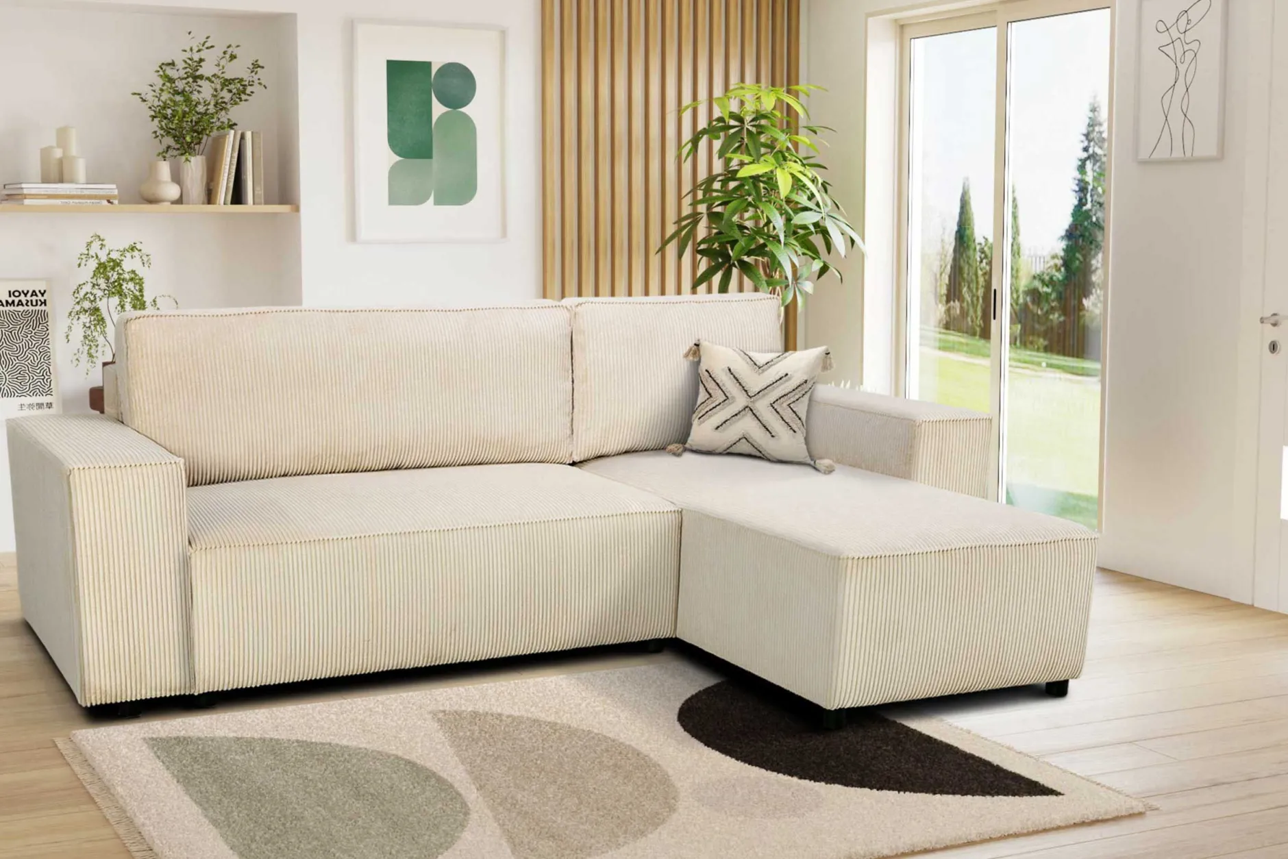 Ecksofa Josh rechts - mit Stauraum - beige gerippter Samt