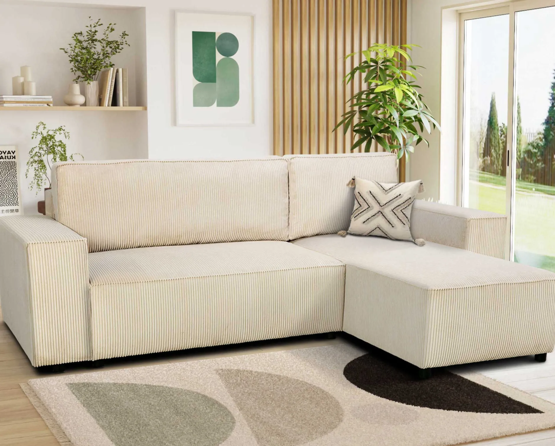 Ecksofa Josh rechts - mit Stauraum - beige gerippter Samt
