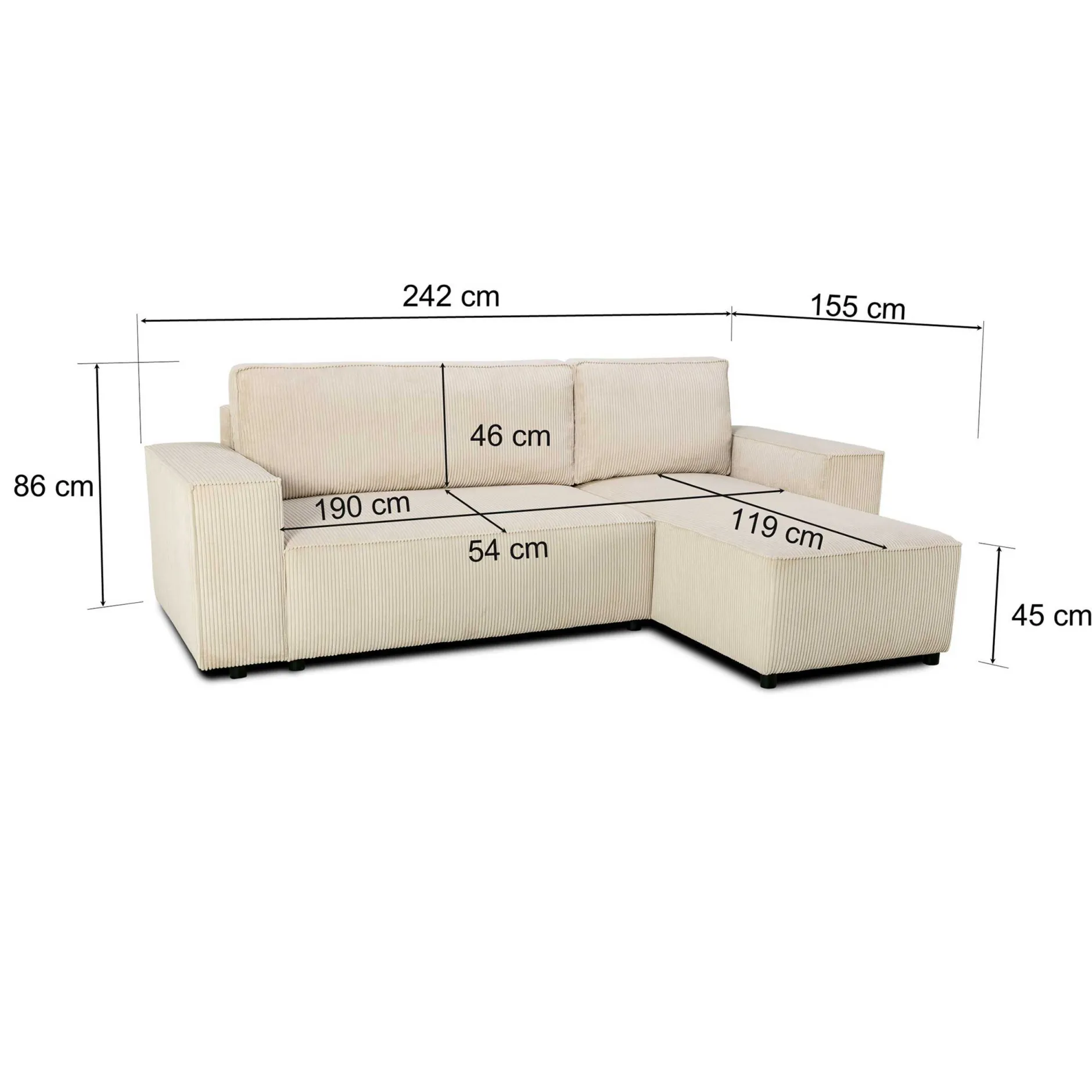 Ecksofa Josh rechts - mit Stauraum - beige gerippter Samt