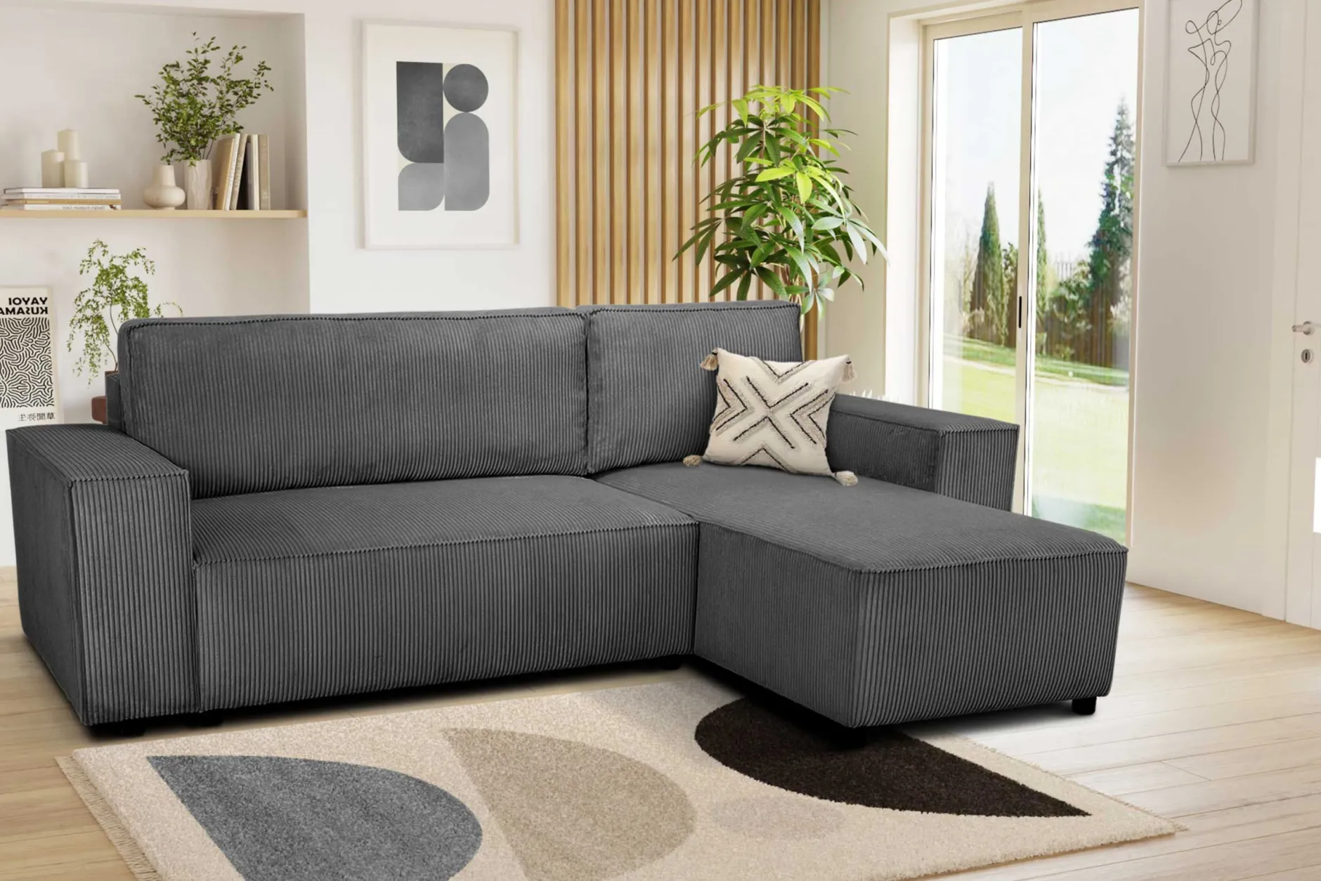 Ecksofa Josh rechts - mit Stauraum - anthrazit gerippter Samt