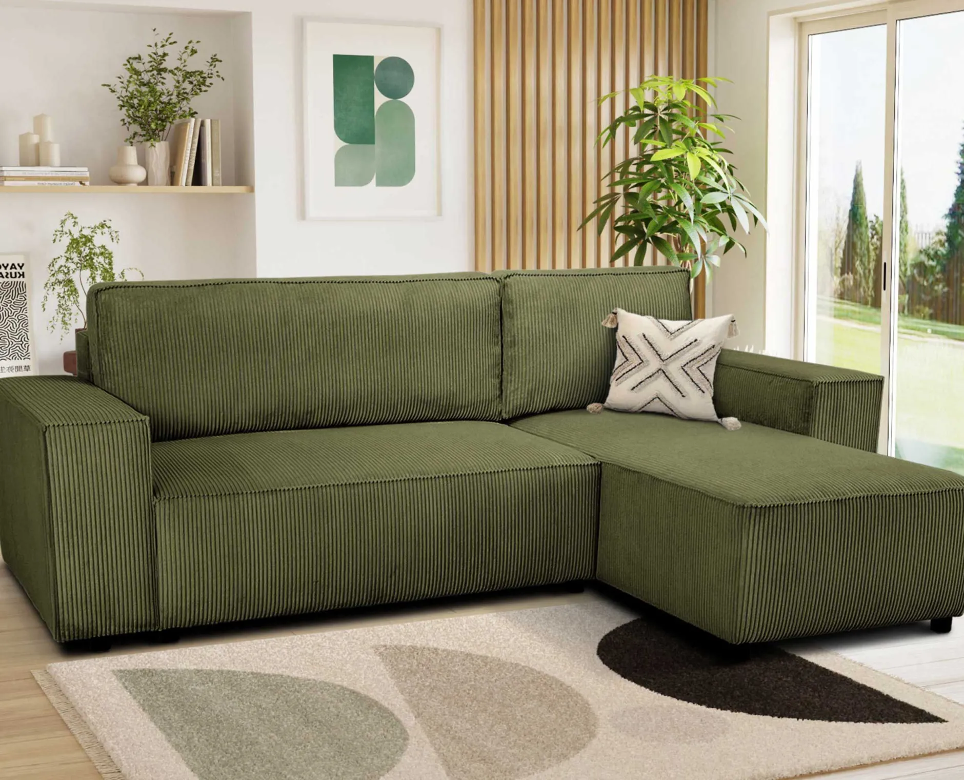 Ecksofa Josh rechts - mit Stauraum - khaki rib velvet