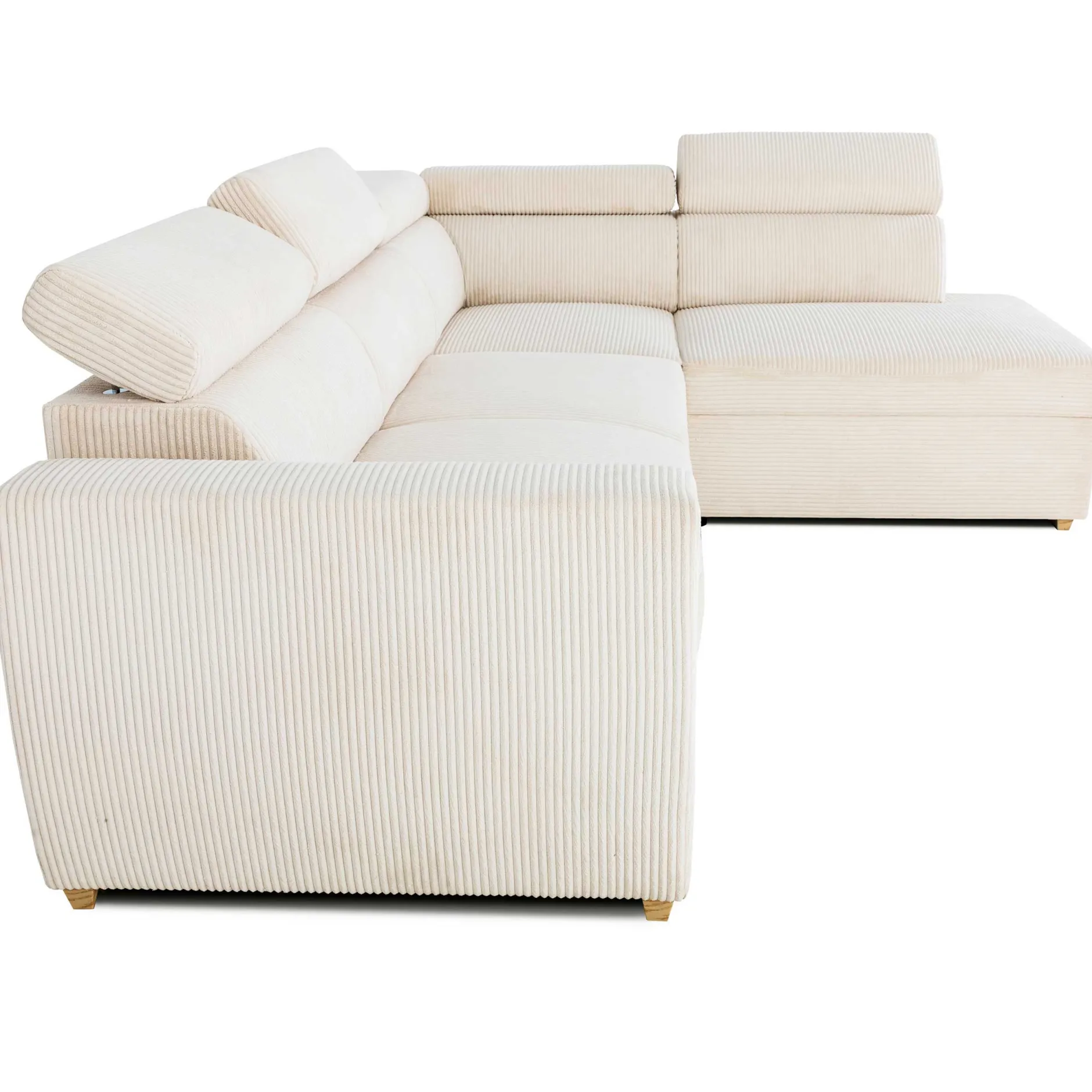Ecksofa Kelio rechts - verstellbare Kopfstütze - weißer Rippensamt