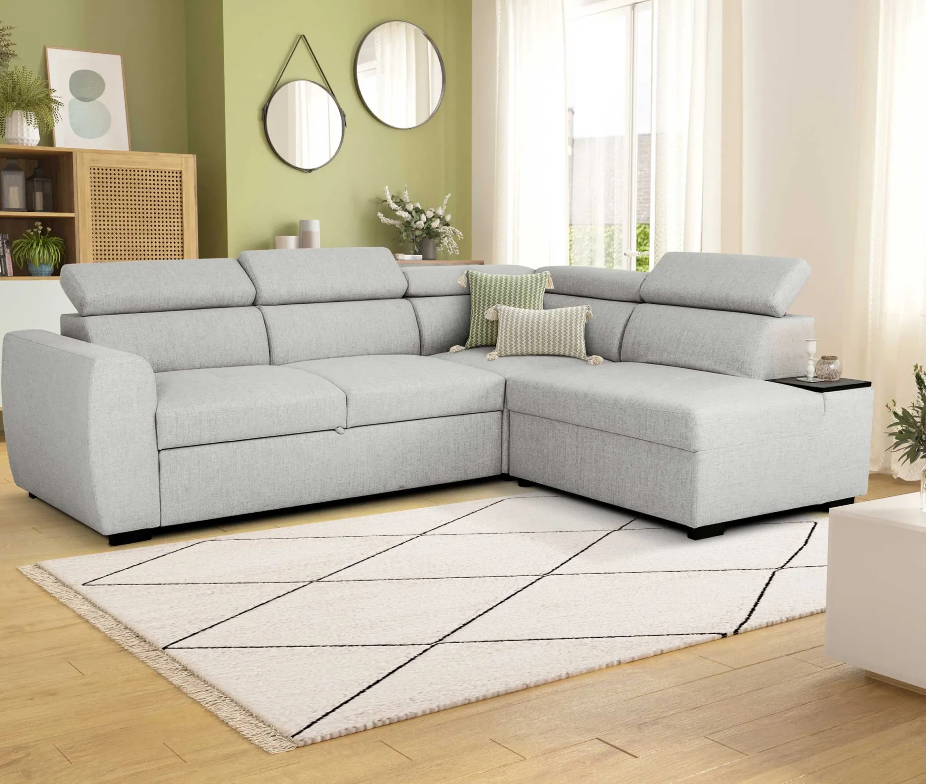 Ecksofa Kelio rechts - verstellbare Kopfstütze - grauer Stoff
