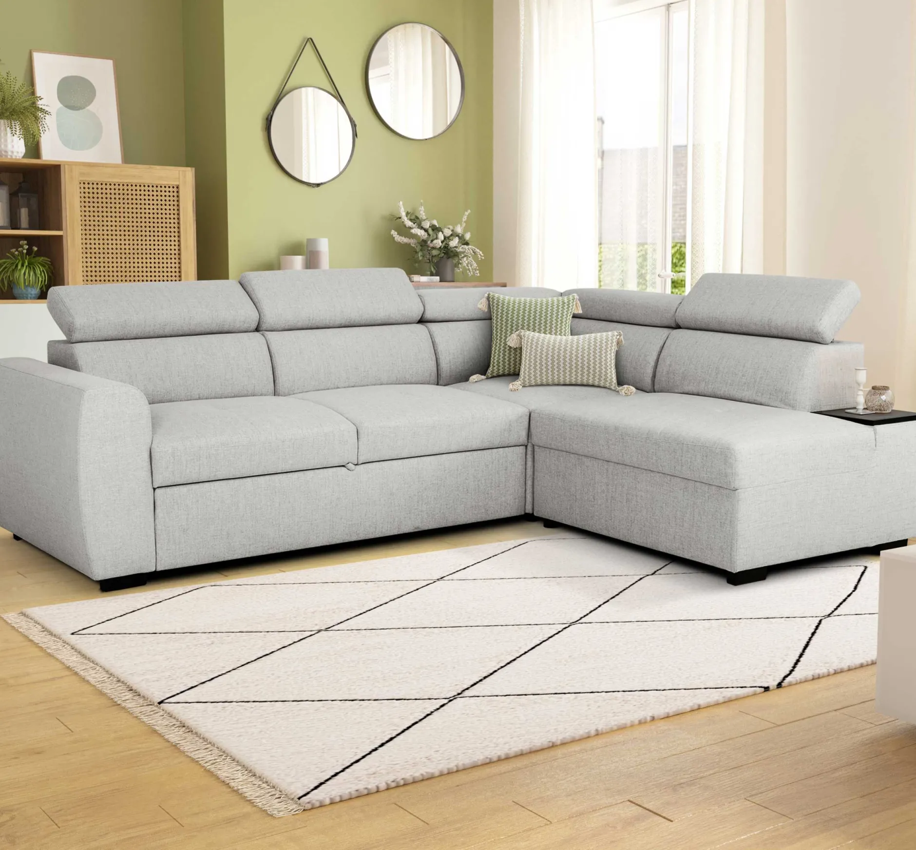 Ecksofa Kelio rechts - verstellbare Kopfstütze - grauer Stoff