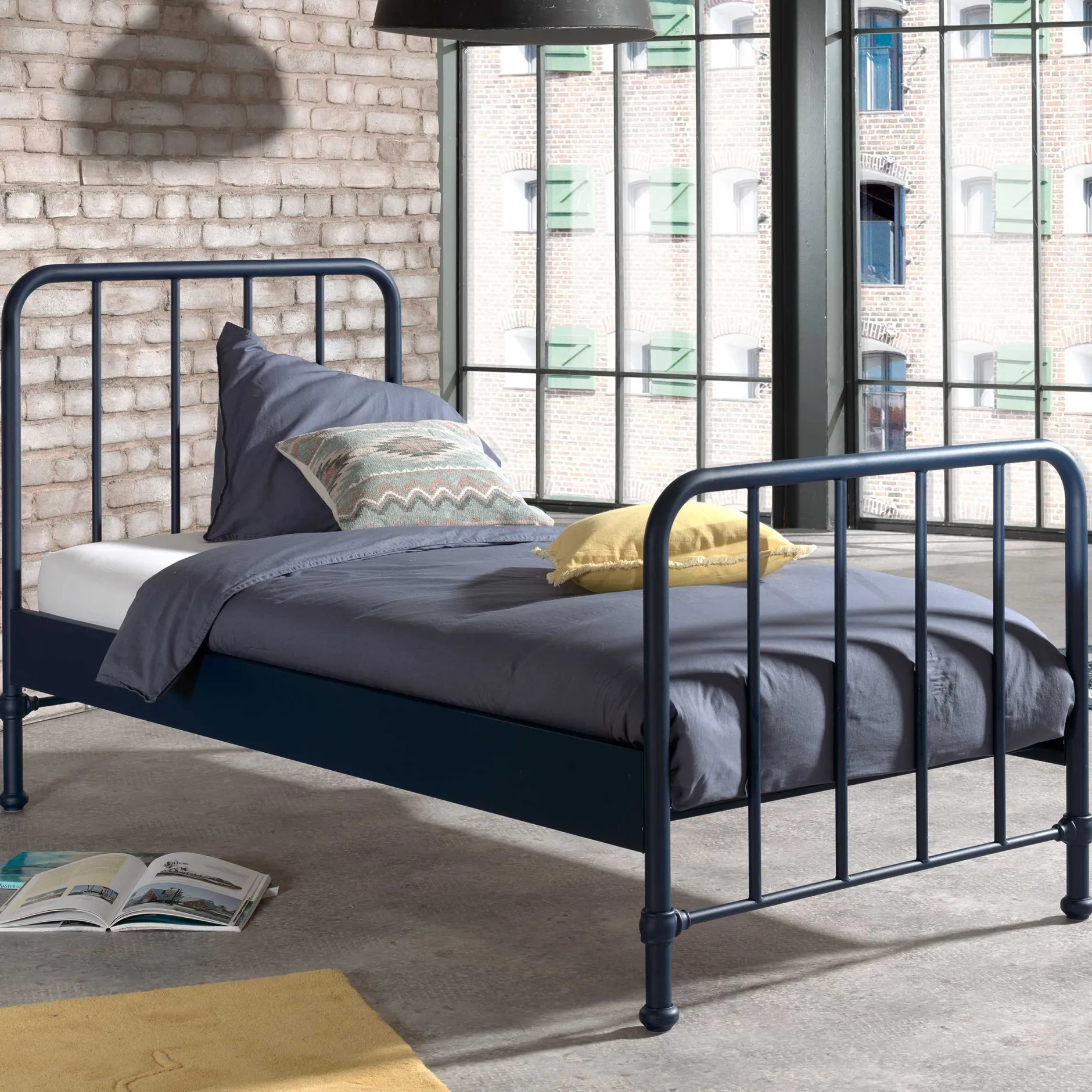 Einzelbett Bronxx Metall 90x200 - matt blau denim