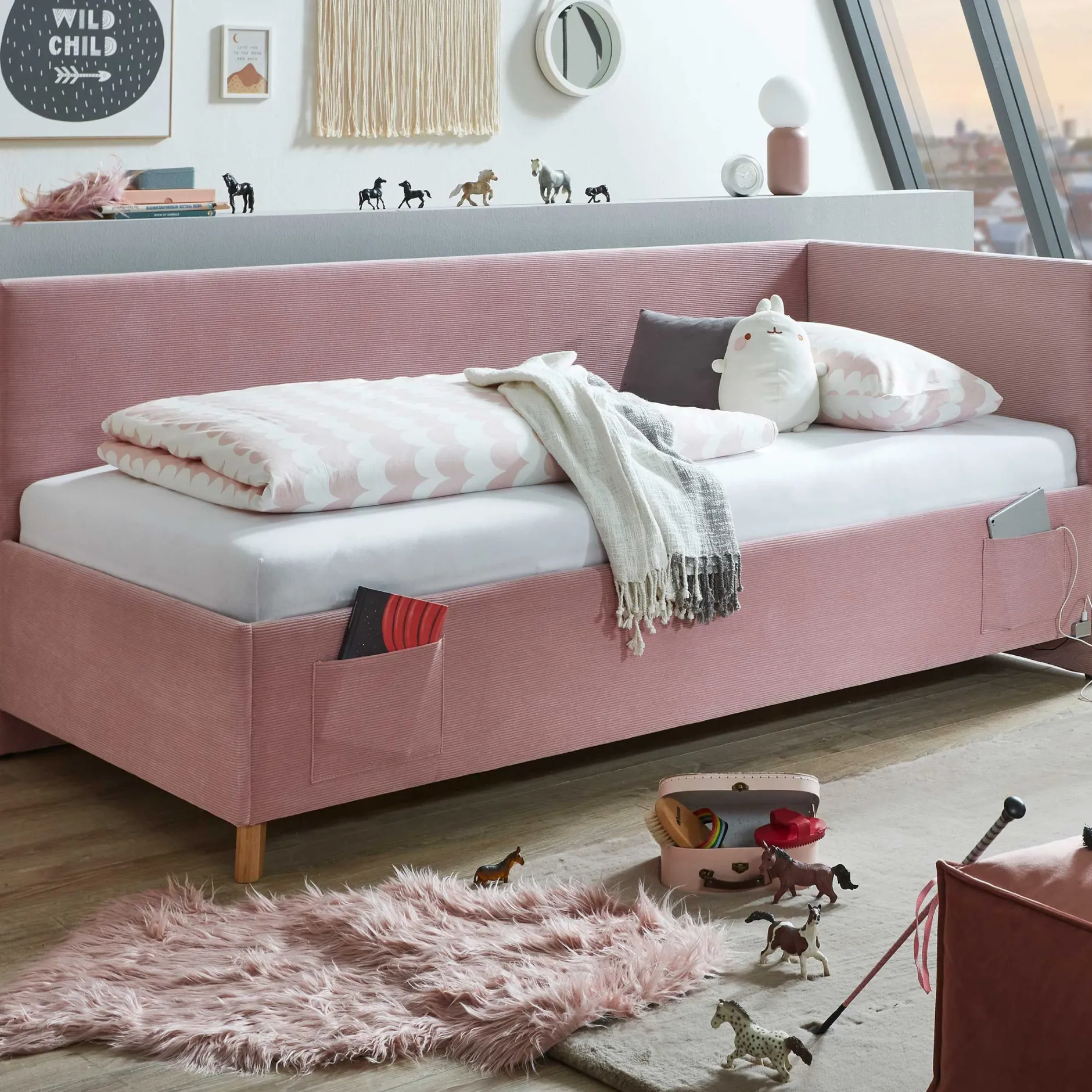 Einzelbett Cool | Mit Rückenlehne | 120 x 200 cm | Rosa Design
