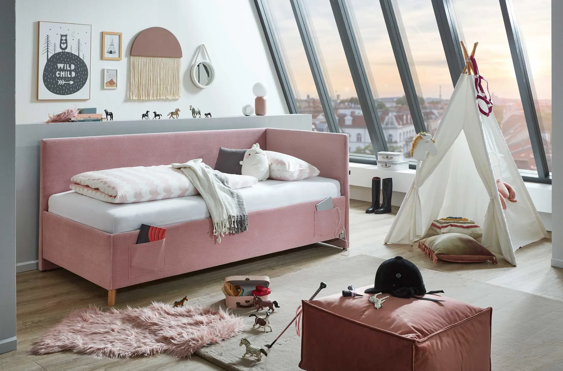 Einzelbett Cool | Mit Rückenlehne | 120 x 200 cm | Rosa Design