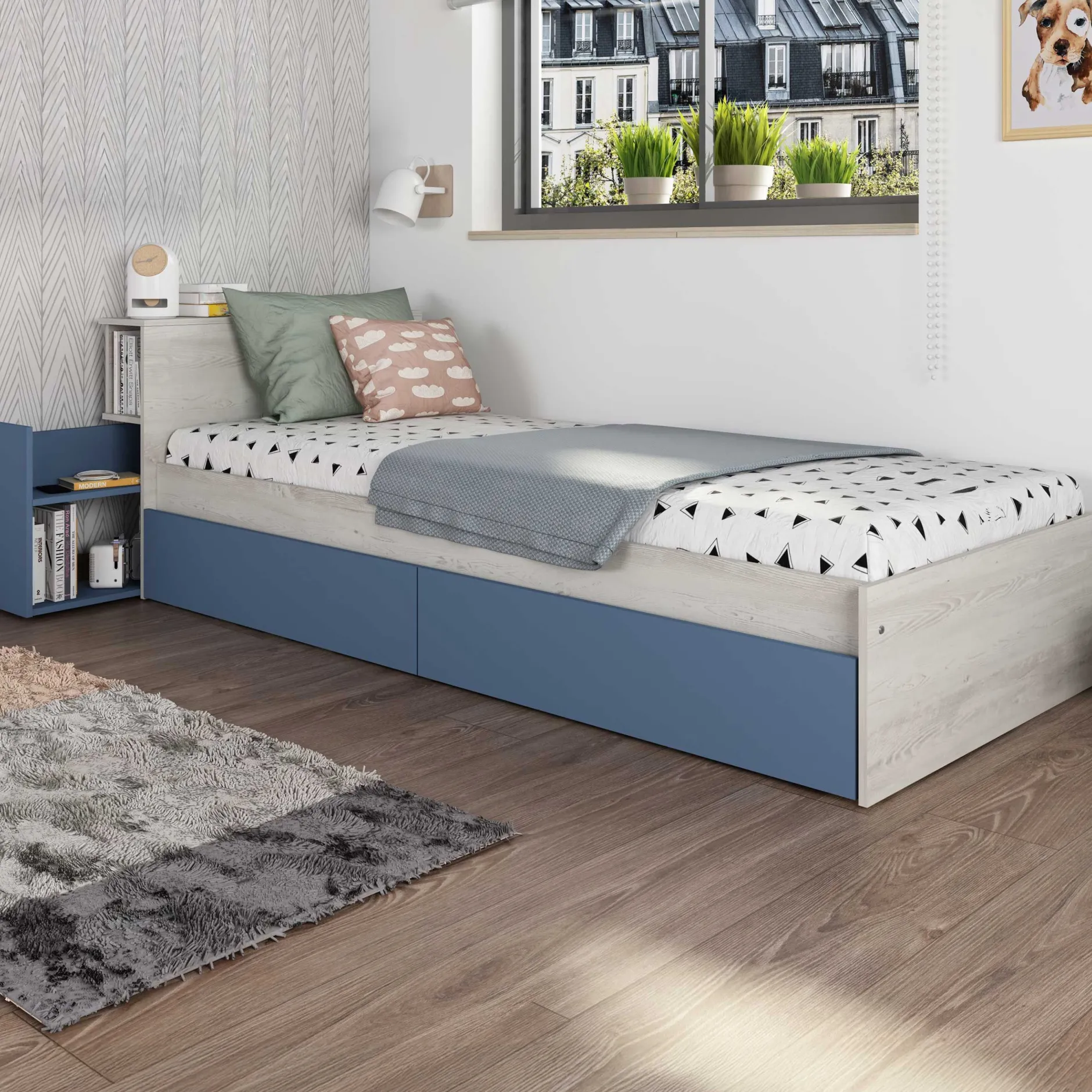 Einzelbett Kazim 90x200 mit Stauraum - dunkelblau