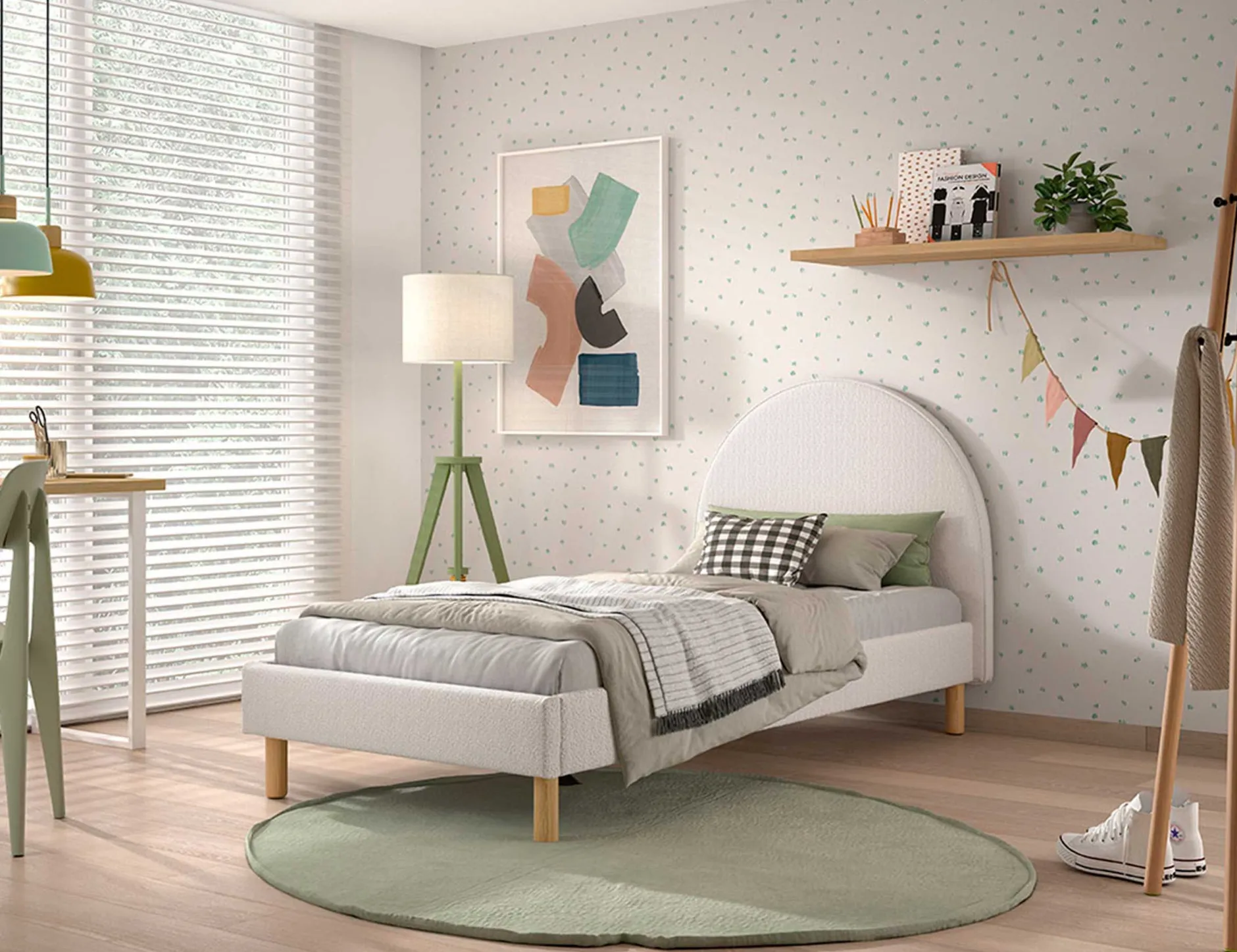 Einzelbett Maeva - 212x97x107 cm - Weißer Bouclé-Stoff