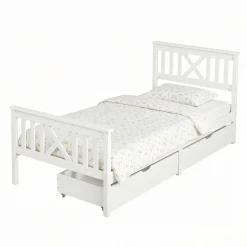 Einzelbett Milo - 90x200cm - mit Schubladen - massivem Kiefernholz - weiß