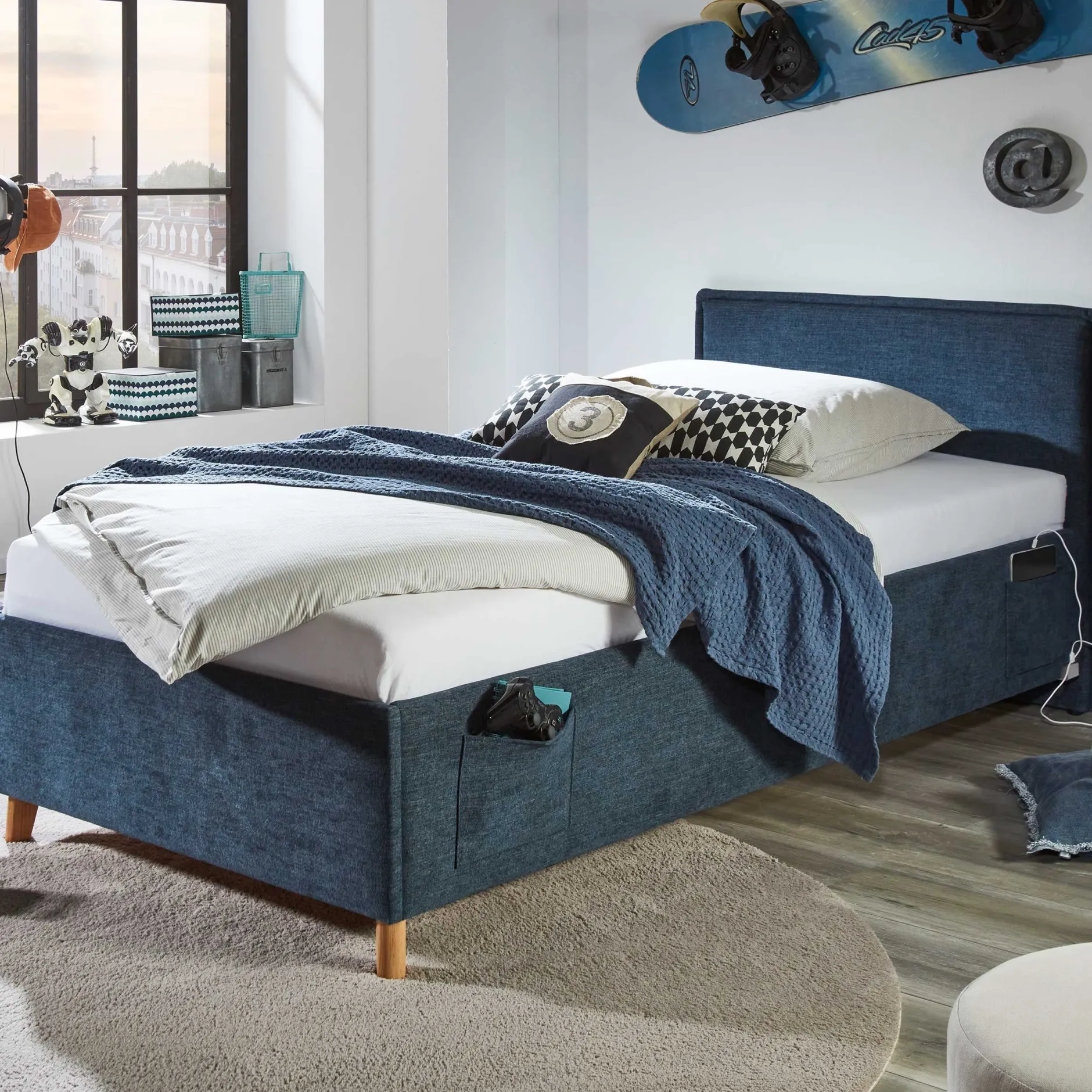 Einzelbett Ollie | 90 x 200 cm | Design Blau