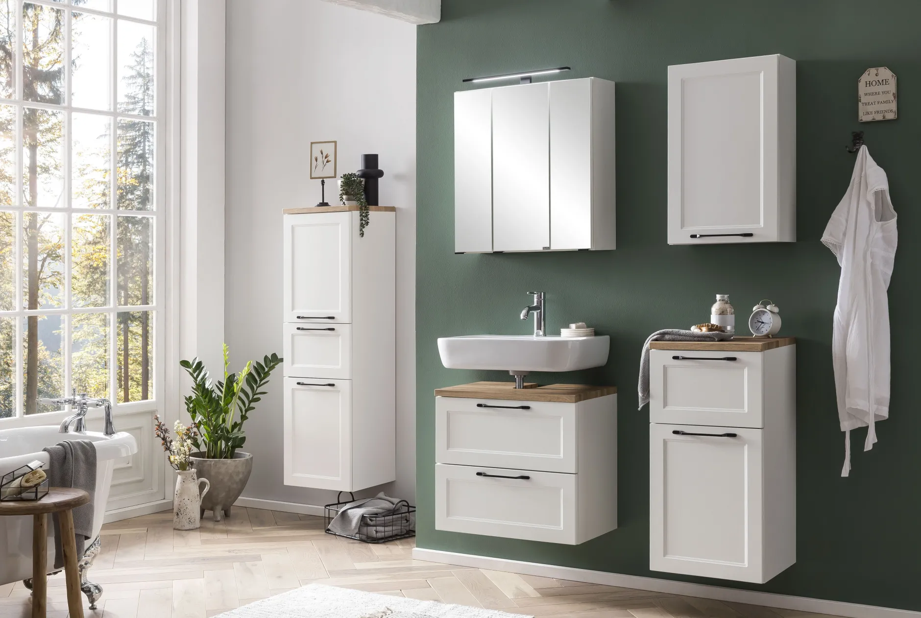Ensemble de salle de bain Meran | Meuble lavabo, armoire de toilette avec éclairage | Blanc