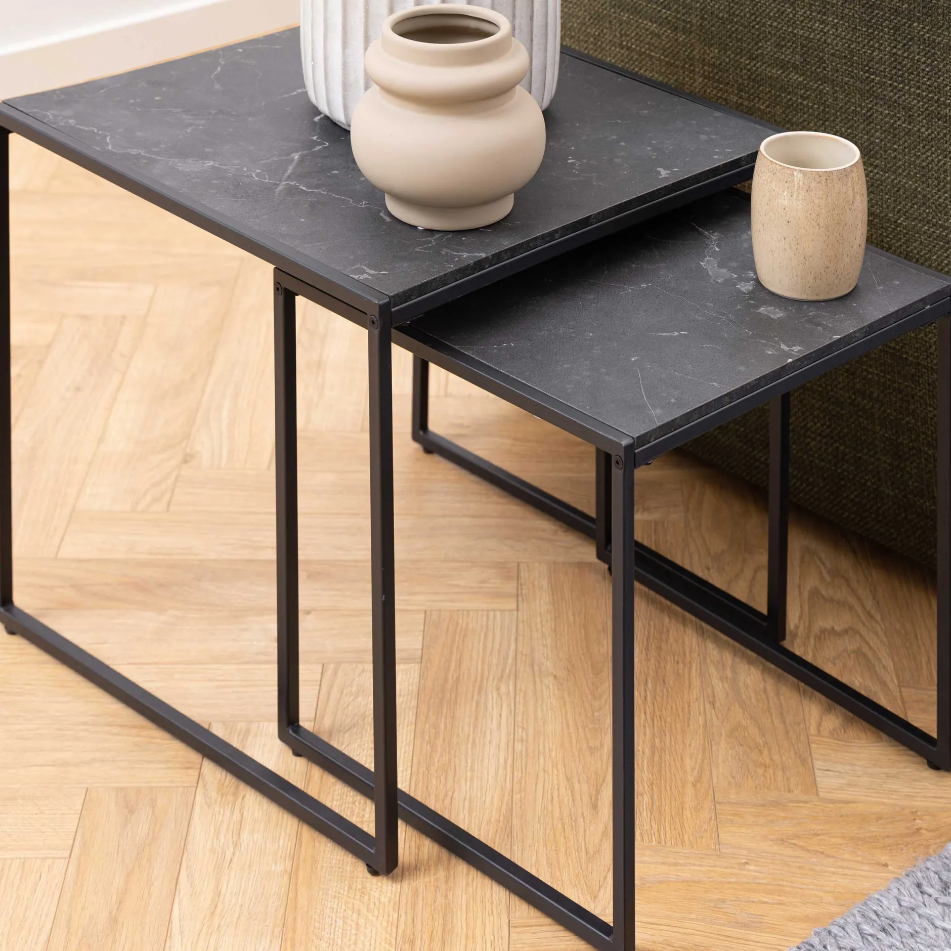 2er-Set Beistelltische Idris - Marmor/Schwarz