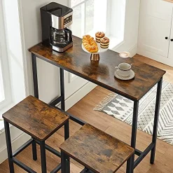 Ess-/Bartisch-Set mit Hockern, industrielles Stahlgestell, rustikales Braun/Schwarz