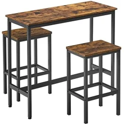 Ess-/Bartisch-Set mit Hockern, industrielles Stahlgestell, rustikales Braun/Schwarz