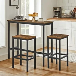 Ess-/Bartisch-Set mit Hockern, industrielles Stahlgestell, rustikales Braun/Schwarz