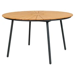 Esstisch aus natürlichem Teakholz mit schwarzen Metallbeinen