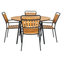 Esstisch aus natürlichem Teakholz mit schwarzen Metallbeinen