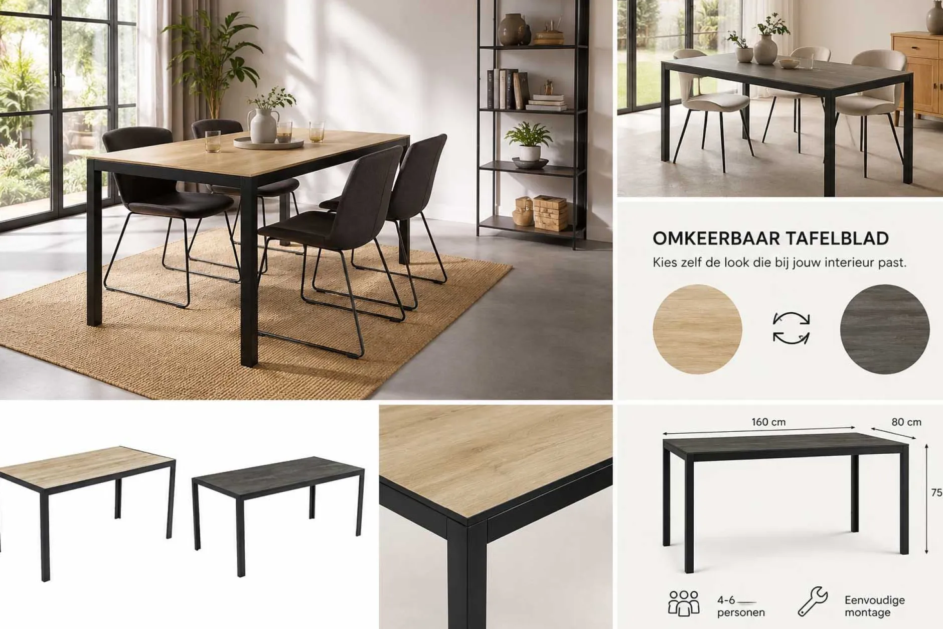Esstisch Colin | 80 x 160 x 75 cm | Wendeplatte | Oak-/Stone-design