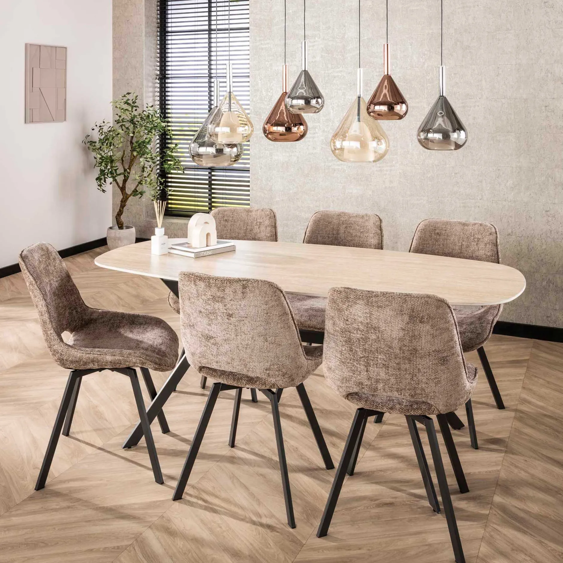 Esszimmer-Drehstuhl Nuria - champagnerfarbener Chenille-Stoff