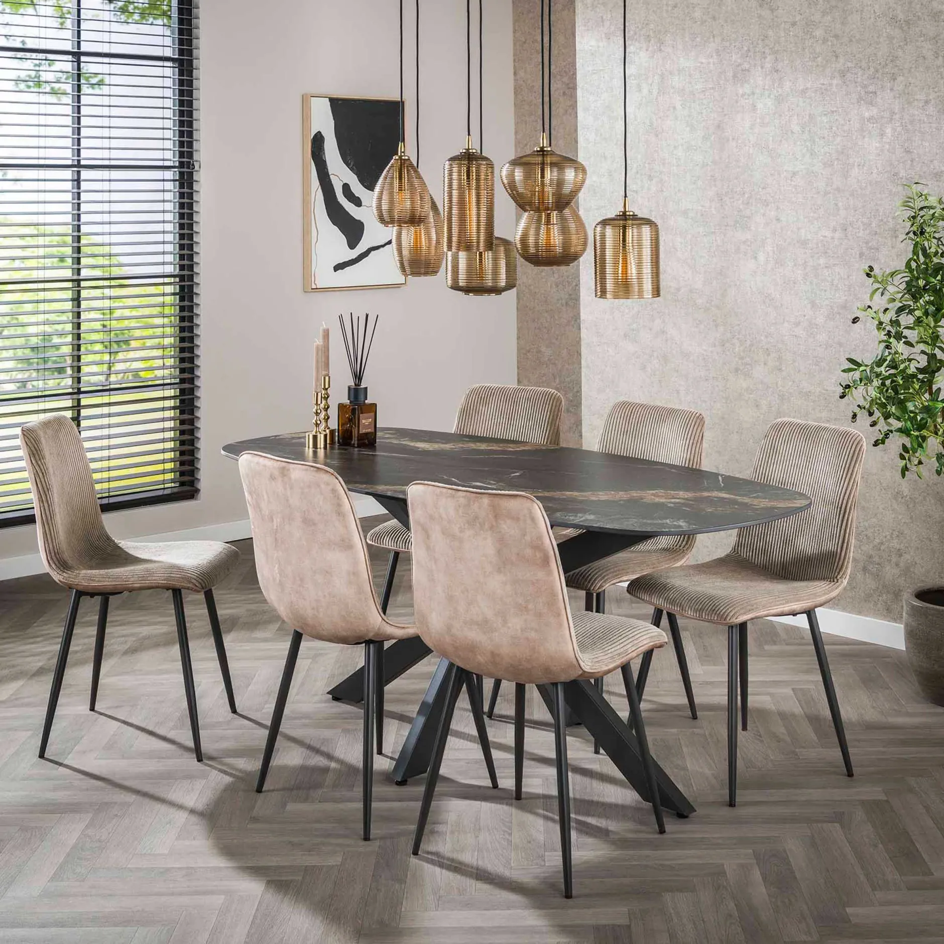 Esszimmerstuhl Rock - 45x57x87cm - beige gerippter Samt