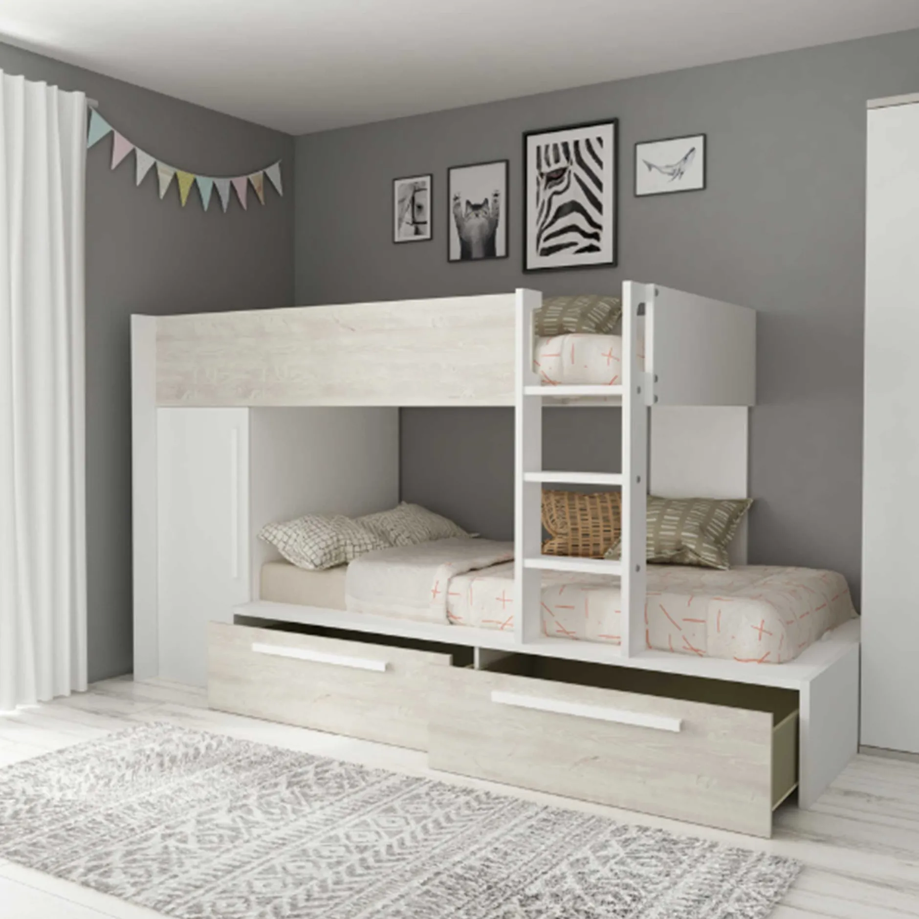 Etagenbett Fleur mit Kleiderschrank und Schubladen - weiß