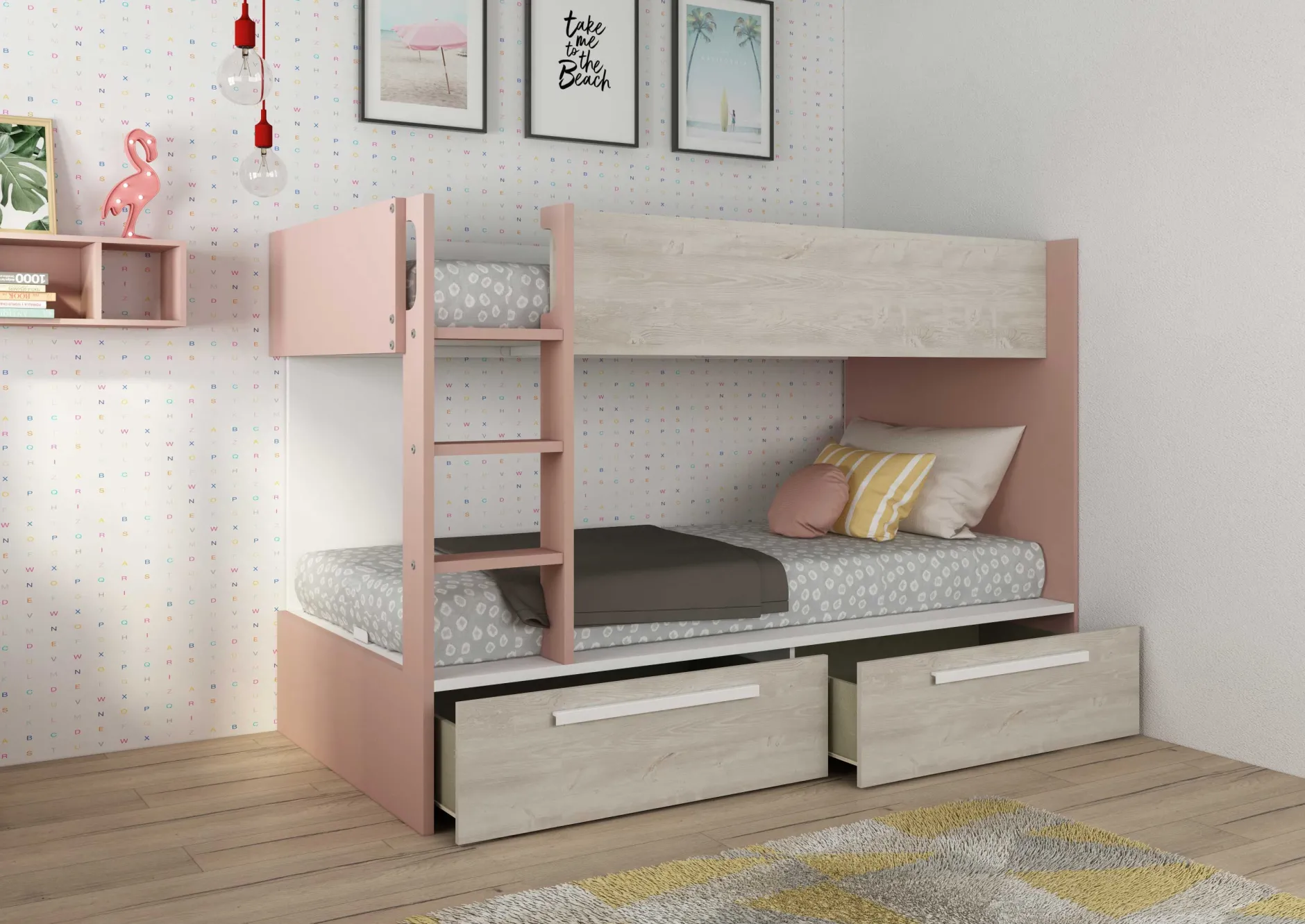 Etagenbett Fleur mit Schubladen - altrosa