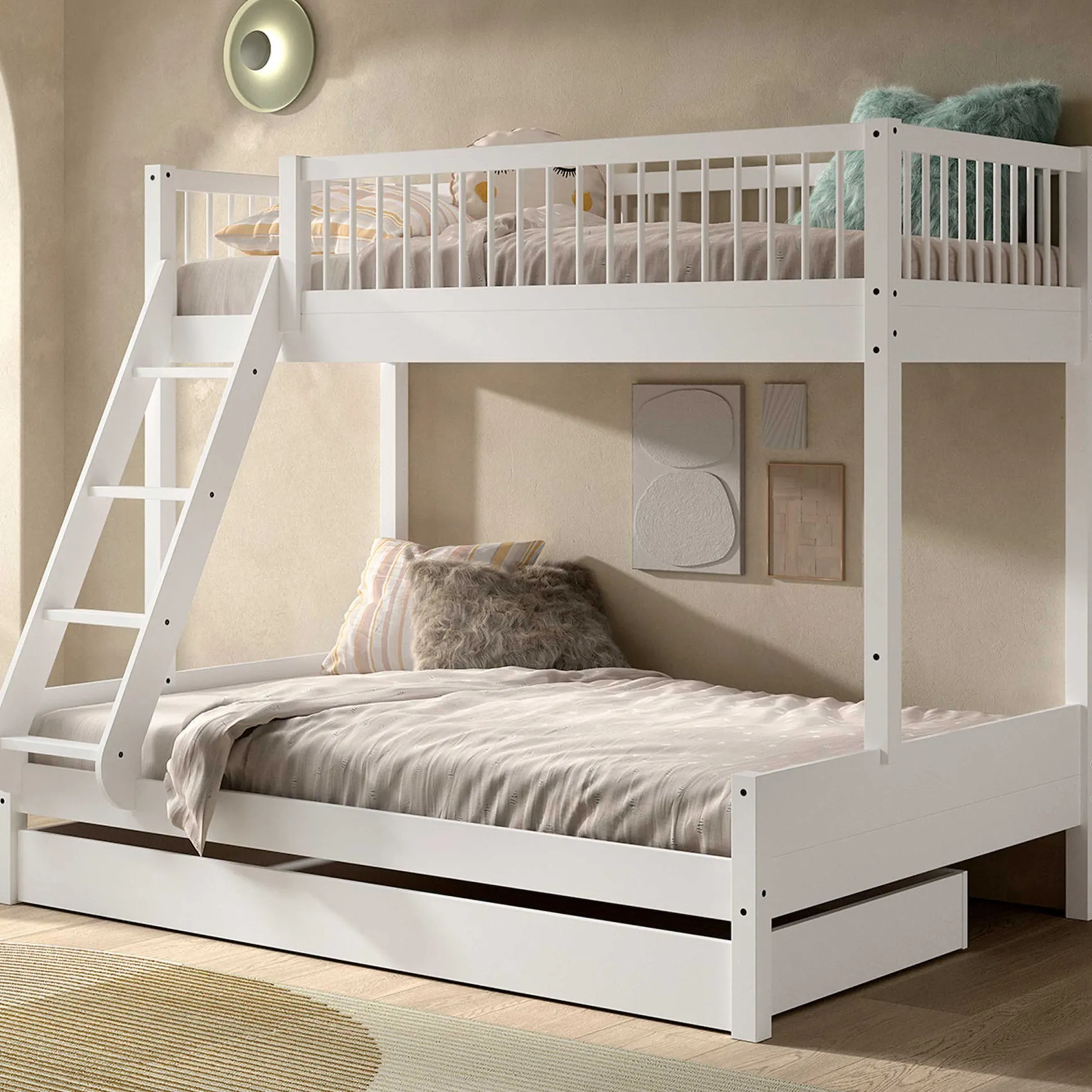 Etagenbett Forrest 3-Sitzer - 90x200 und 140x200 - mit Bettkasten - Weißbuche