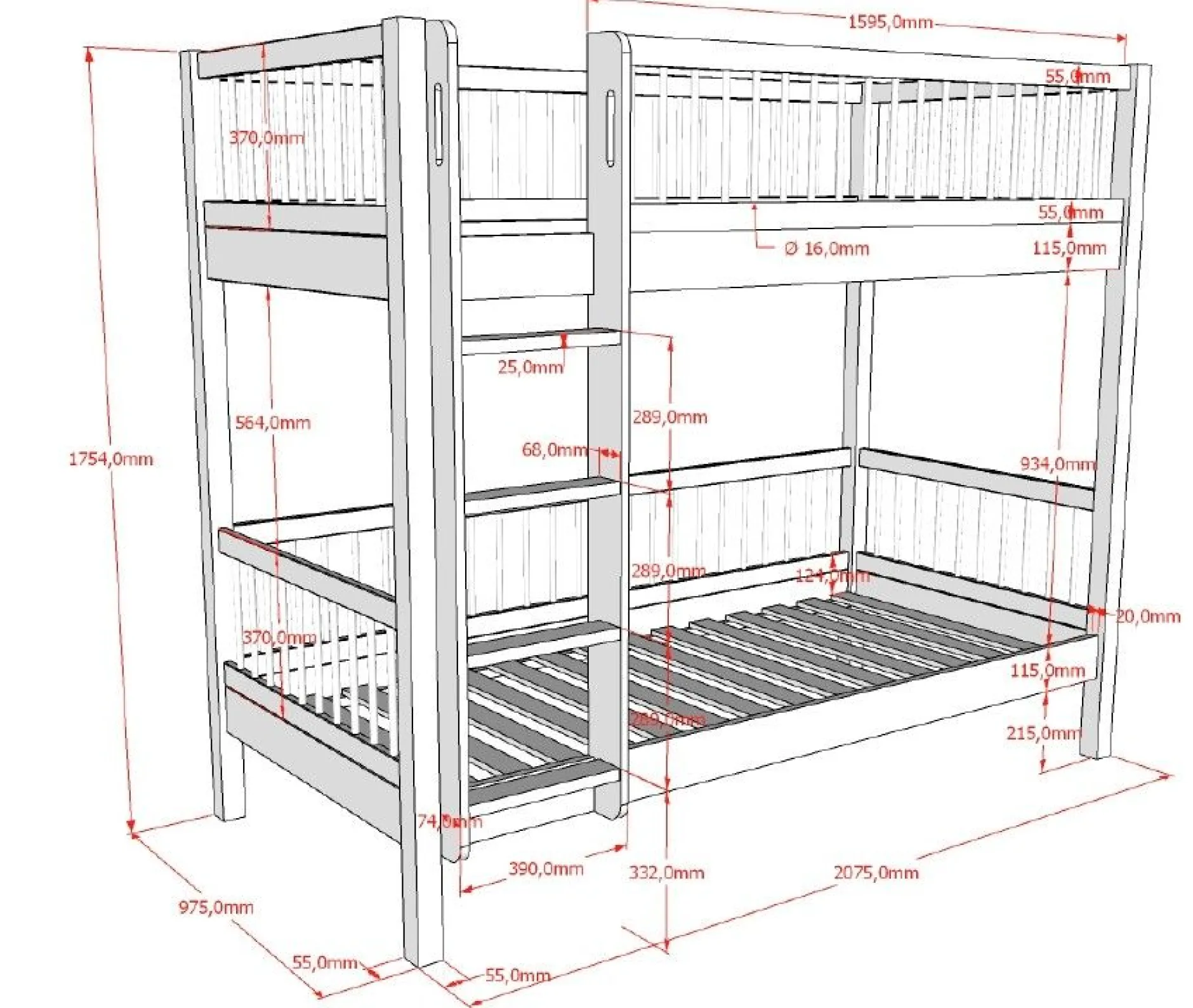 Etagenbett Forrest 90x200cm mit Bettgitter - Buche