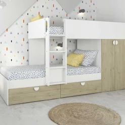 Etagenbett Jip mit Schrank & Schubladen - 90x190cm - Eiche/weiß/weiß