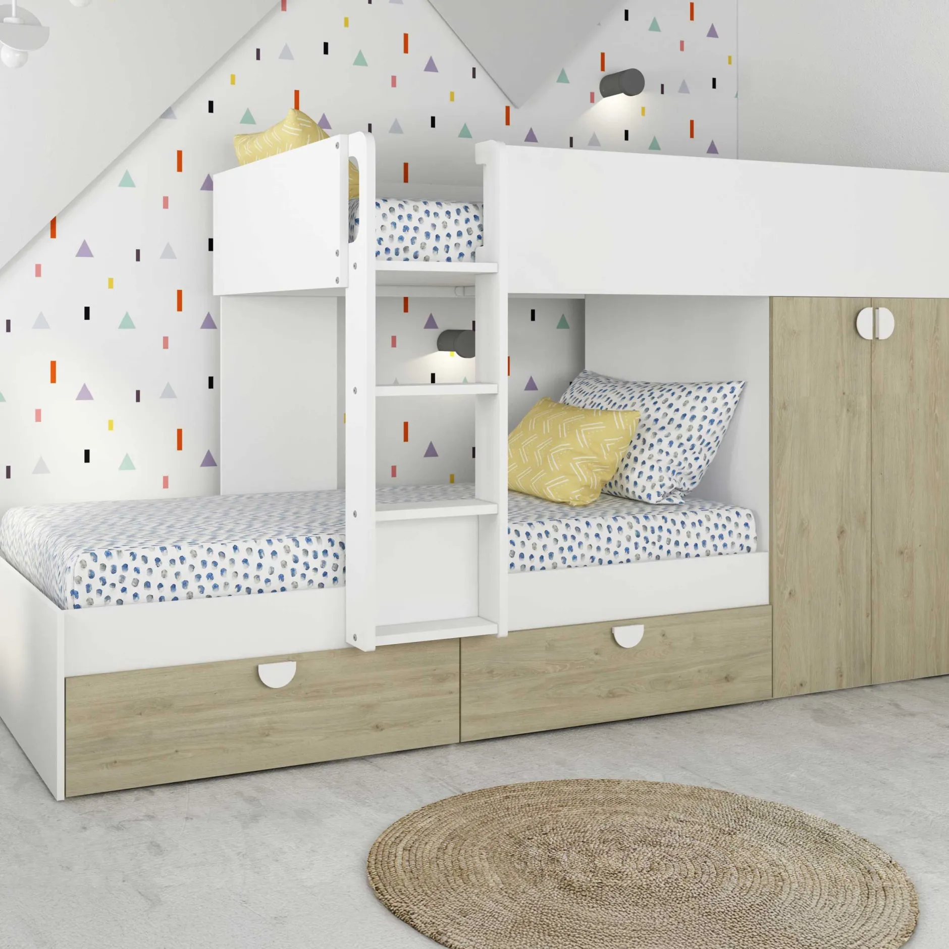 Etagenbett Jip mit Schrank & Schubladen - 90x190cm - Eiche/weiß/weiß