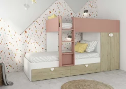 Etagenbett Jip mit Schrank & Schubladen - 90x190cm - Eiche/weiß/altrosa