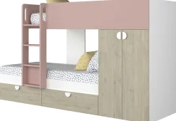 Etagenbett Jip mit Schrank & Schubladen - 90x190cm - Eiche/weiß/altrosa