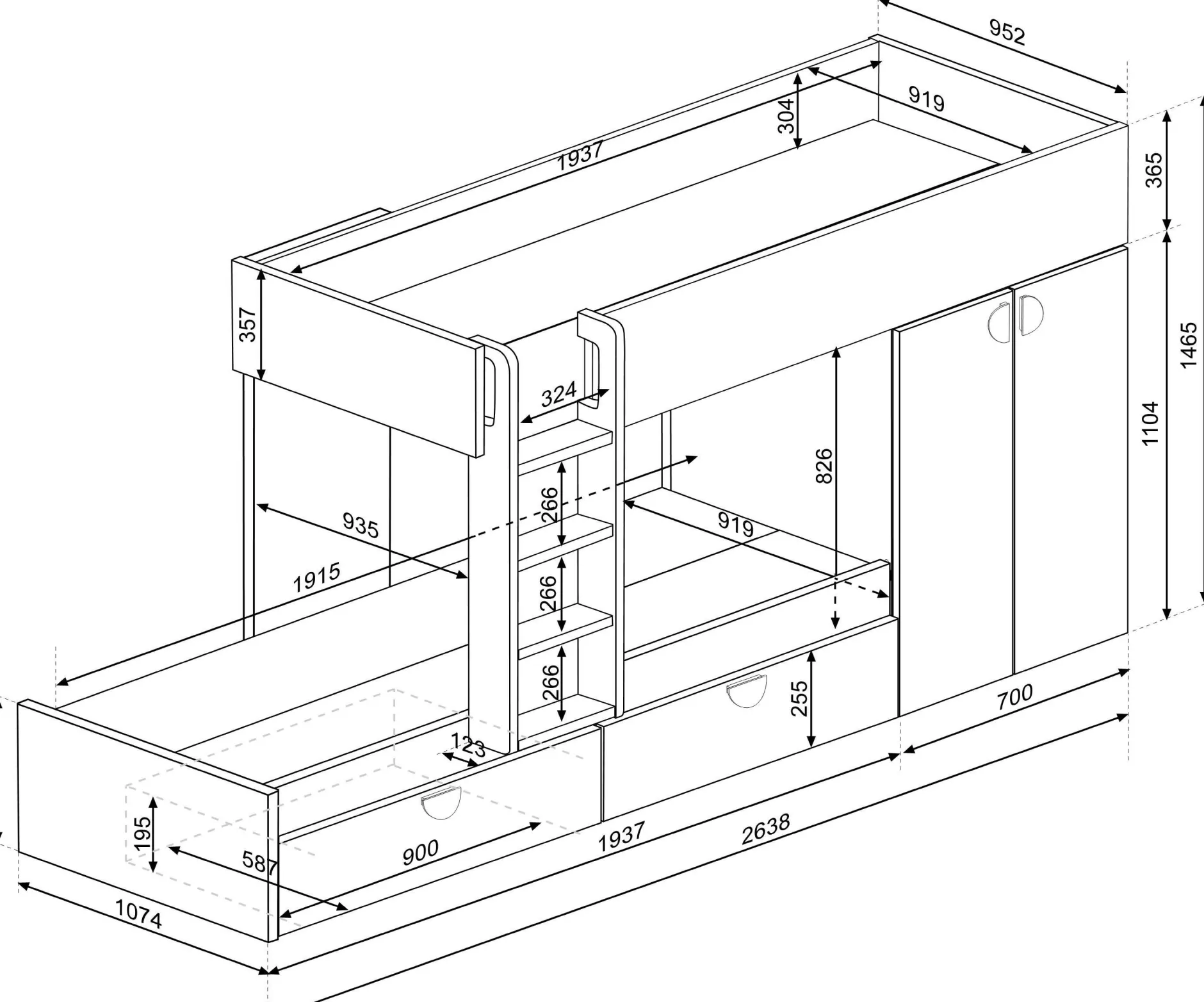Etagenbett Jip mit Schrank & Schubladen - 90x190cm - Eiche/weiß/altrosa
