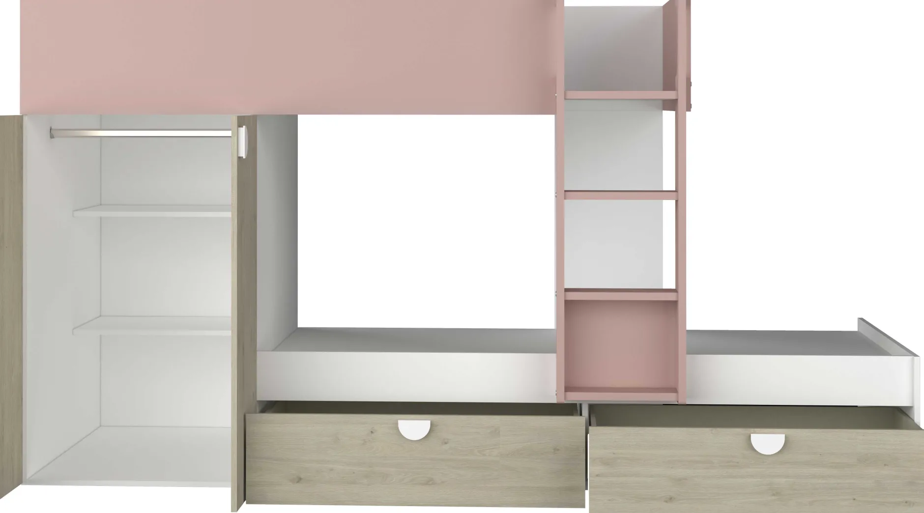 Etagenbett Jip mit Schrank & Schubladen - 90x190cm - Eiche/weiß/altrosa