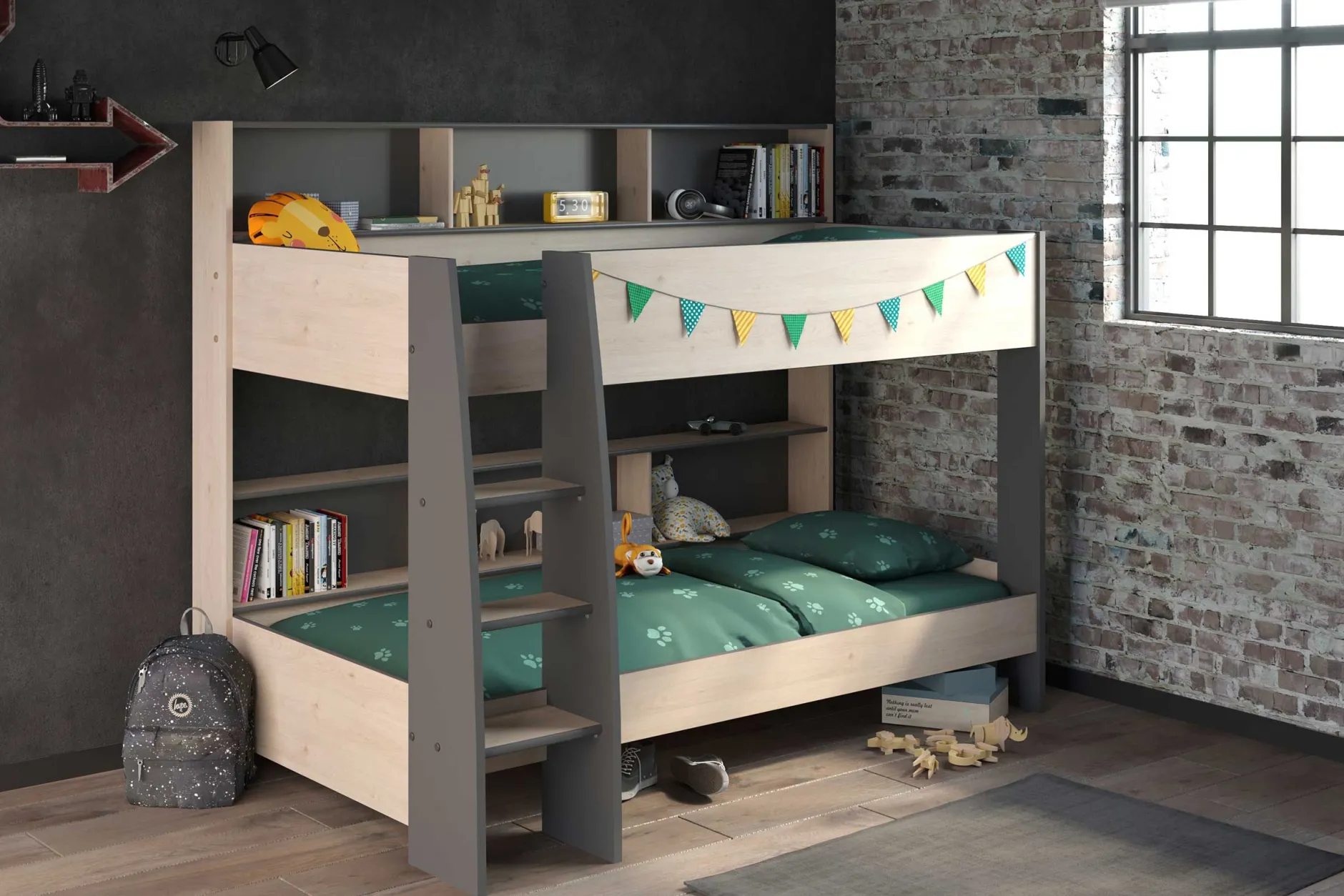 Etagenbett Leo inkl. Matratzenauflagen - Eiche/grau