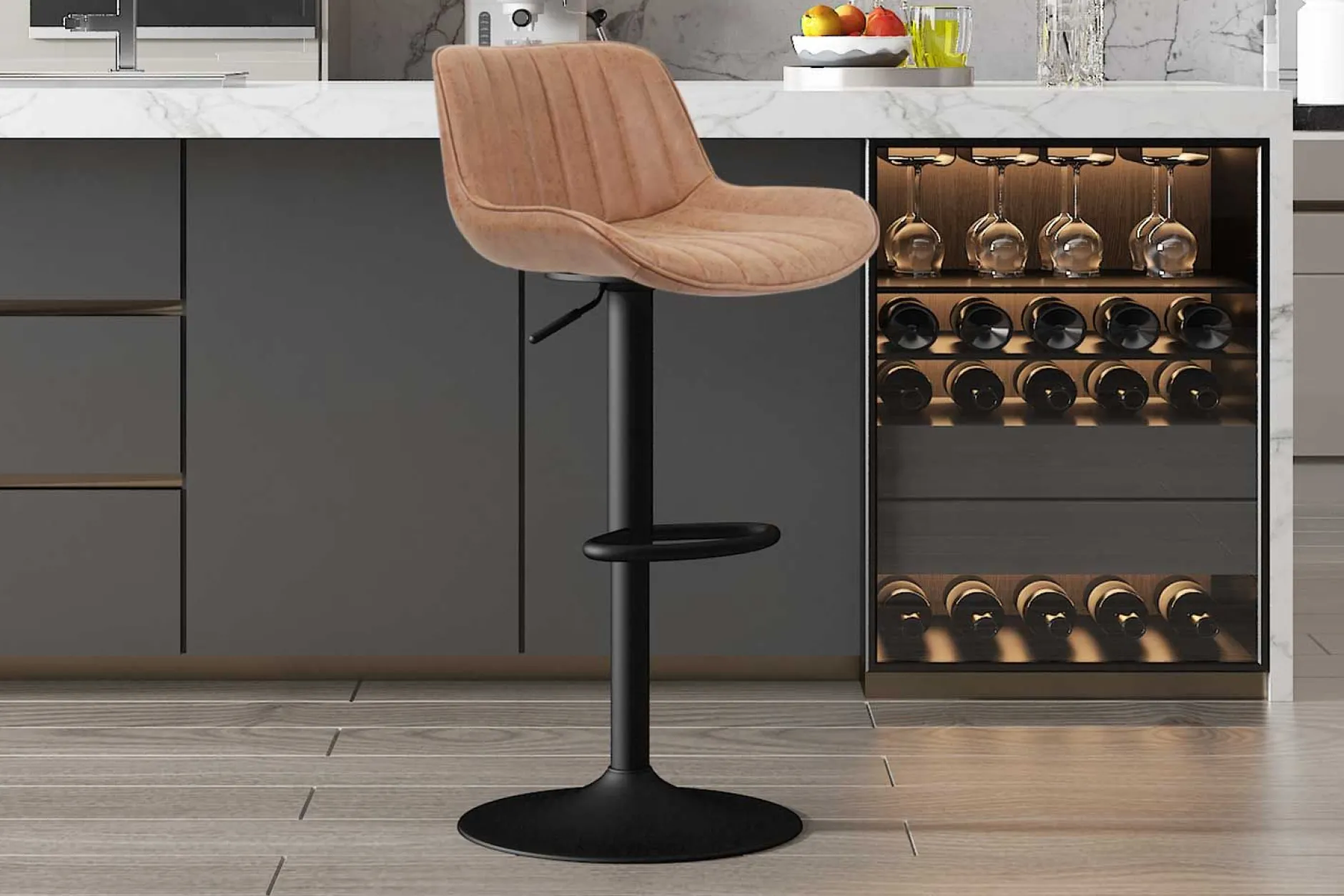 Fenna" Cognac PU Barhocker | Metallbeine | 84-105 x 48 x 49.5cm