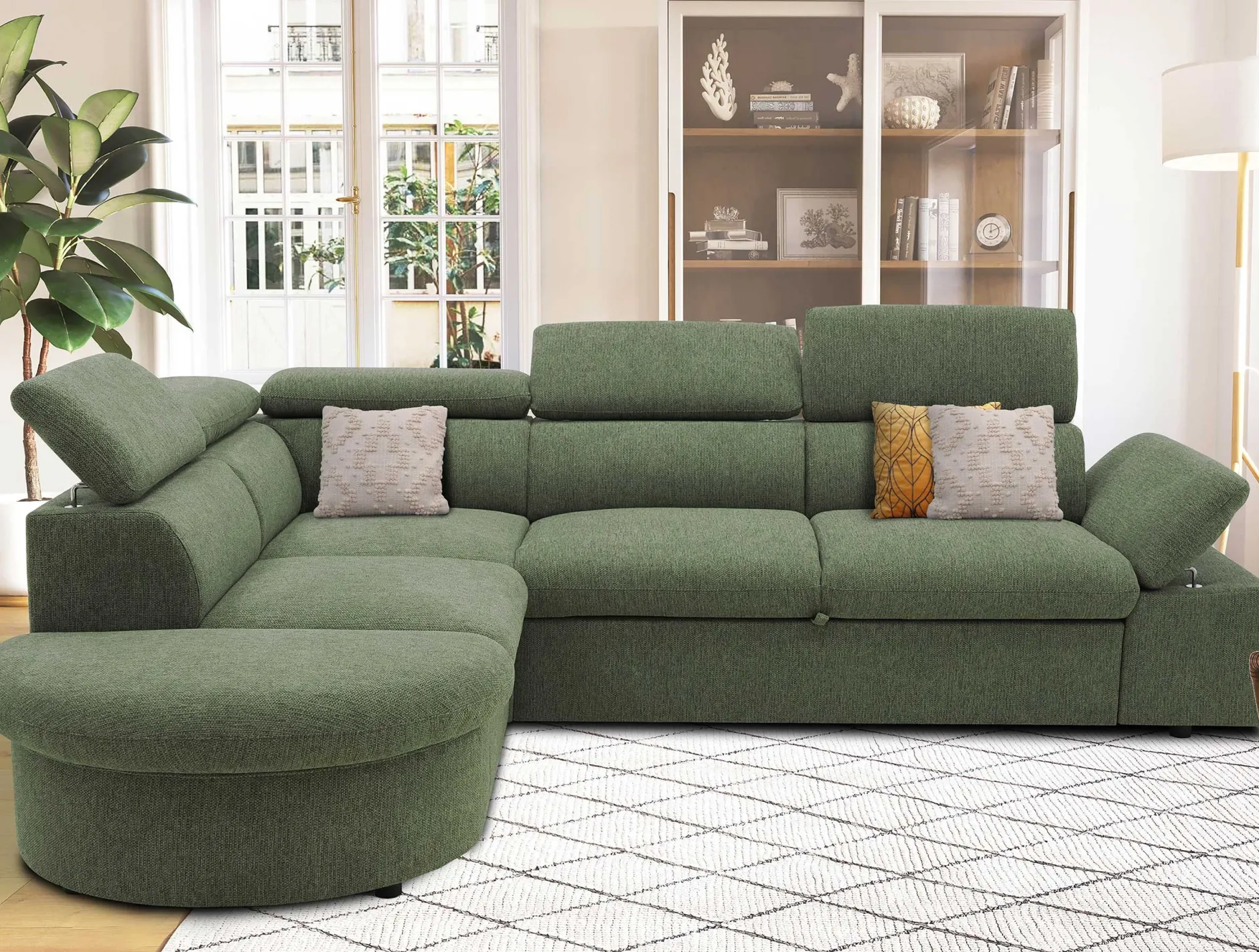 Firenze Ecksofa links - mit Bettfunktion - Stoff olivgrün