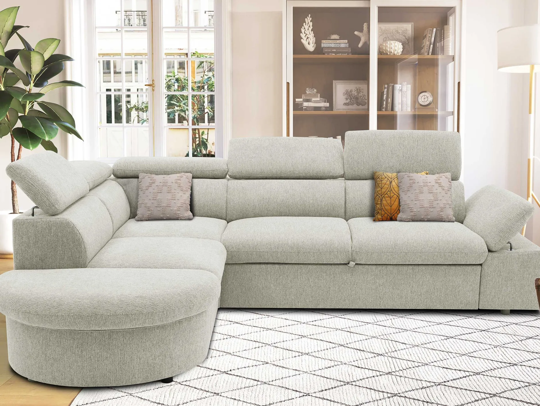 Firenze Ecksofa links - mit Bettfunktion - Stoff beige