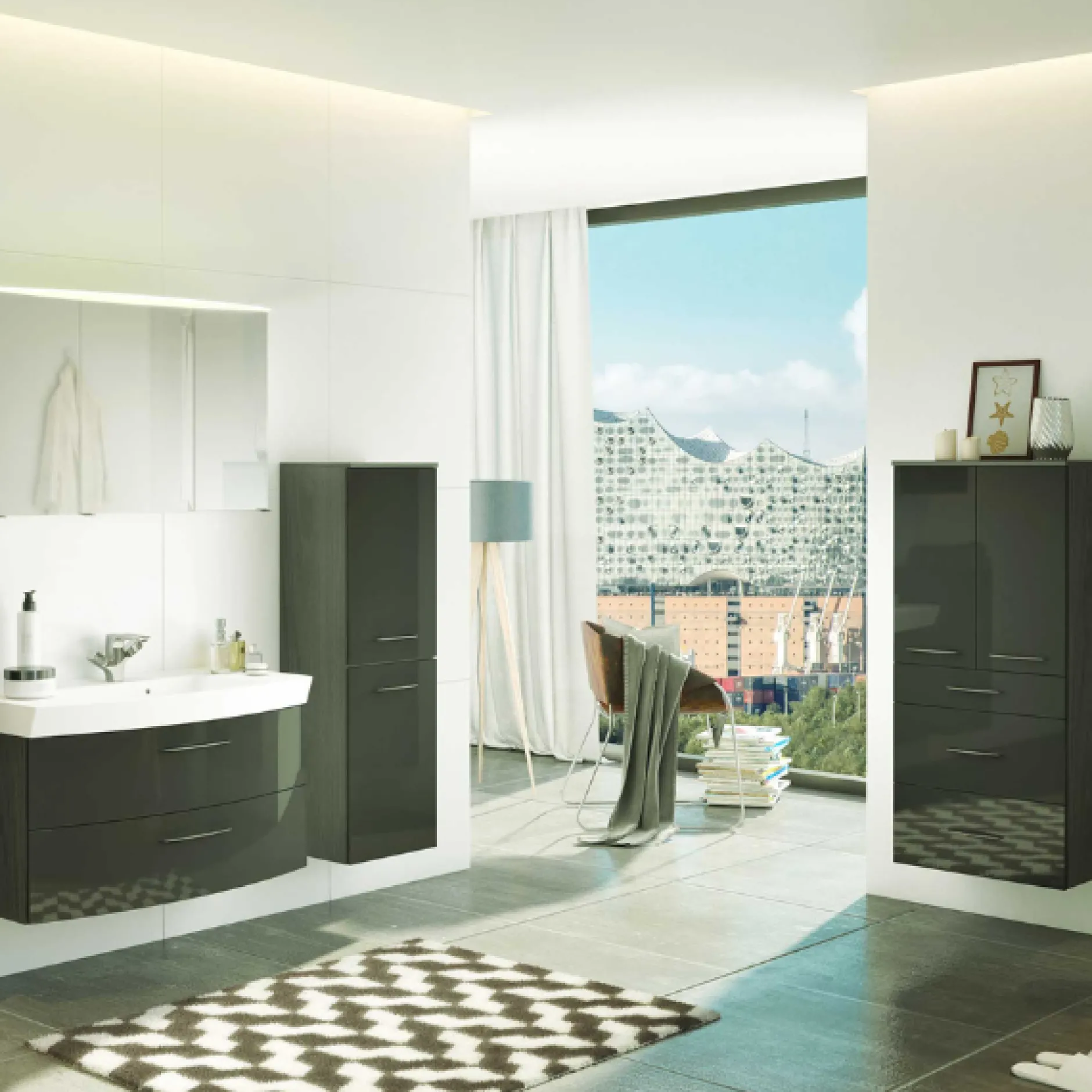 FlorentBadezimmer : Spiegelschrank, Waschtischschrank, Säulenschrank, Ablageschrank - Hochglanz grau