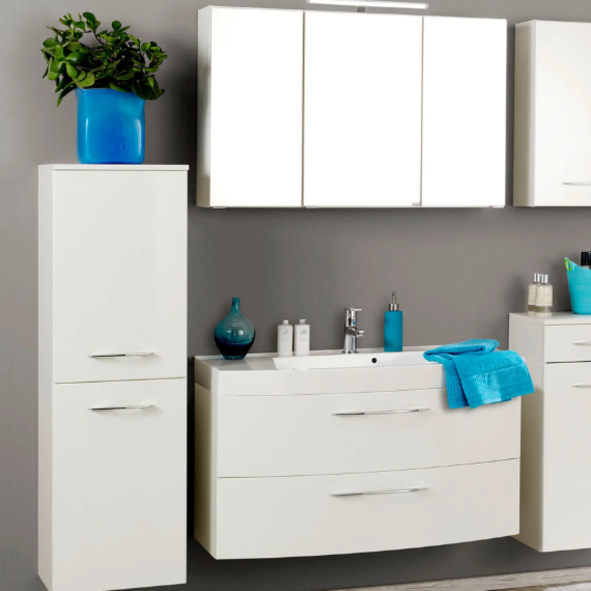 FlorentBadezimmer : Säulenschrank, Spiegelschrank, Waschbeckenschrank - Hochglanz weiß