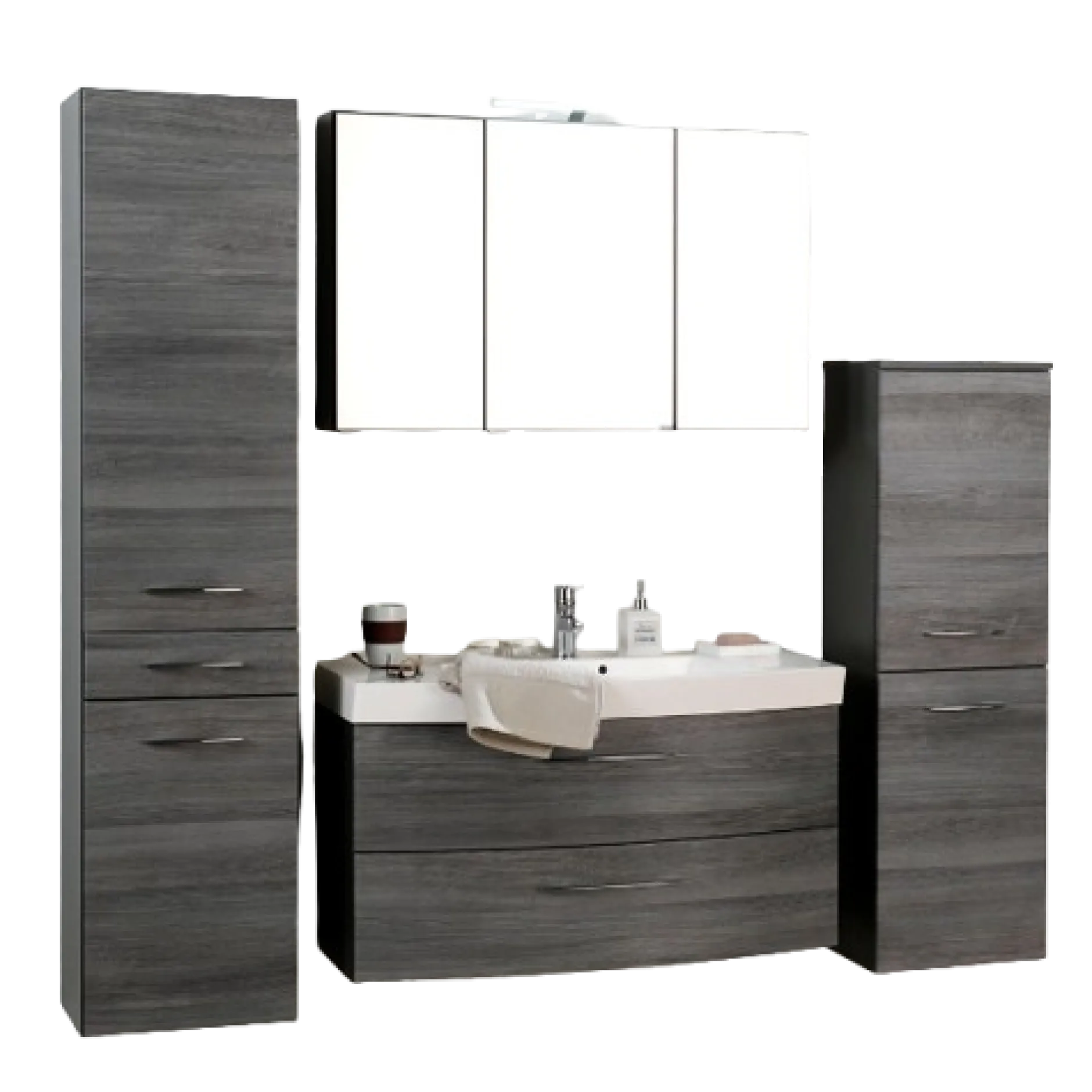 FlorentBadezimmer : 2x Säulenschrank, Spiegelschrank, Waschtischschrank - Eiche grau