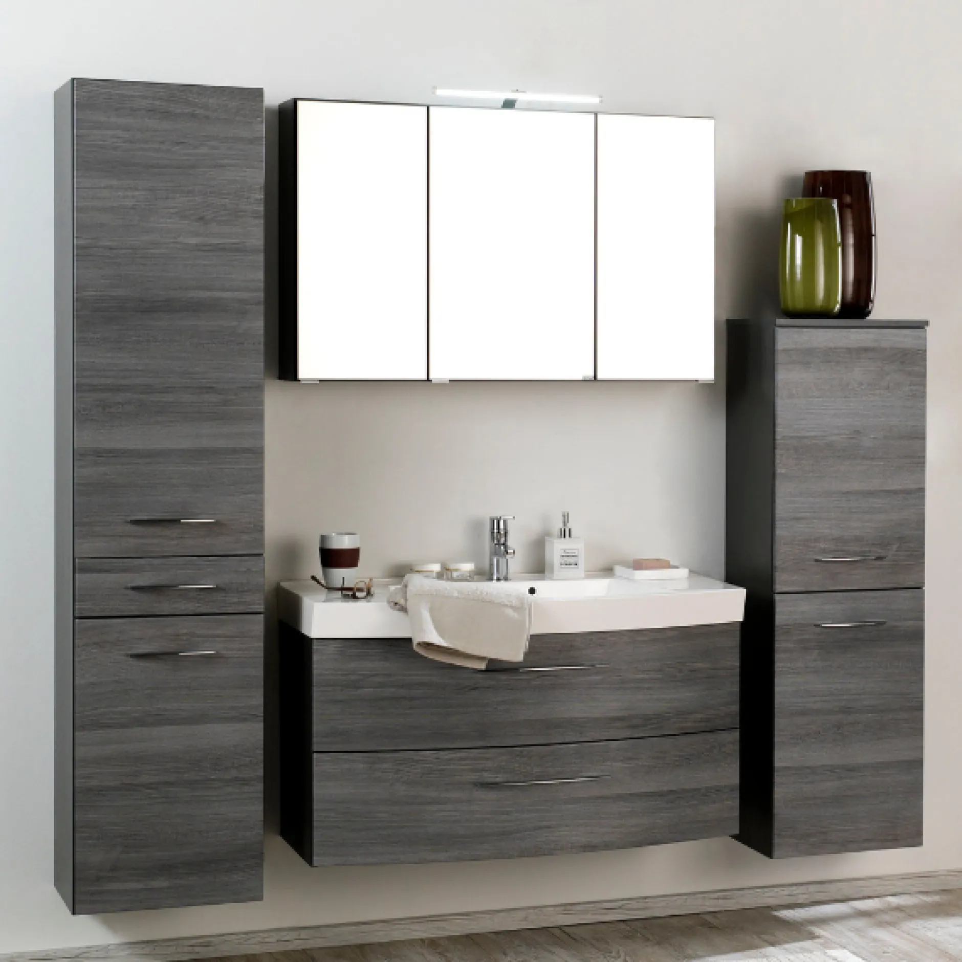 FlorentBadezimmer : 2x Säulenschrank, Spiegelschrank, Waschtischschrank - Eiche grau