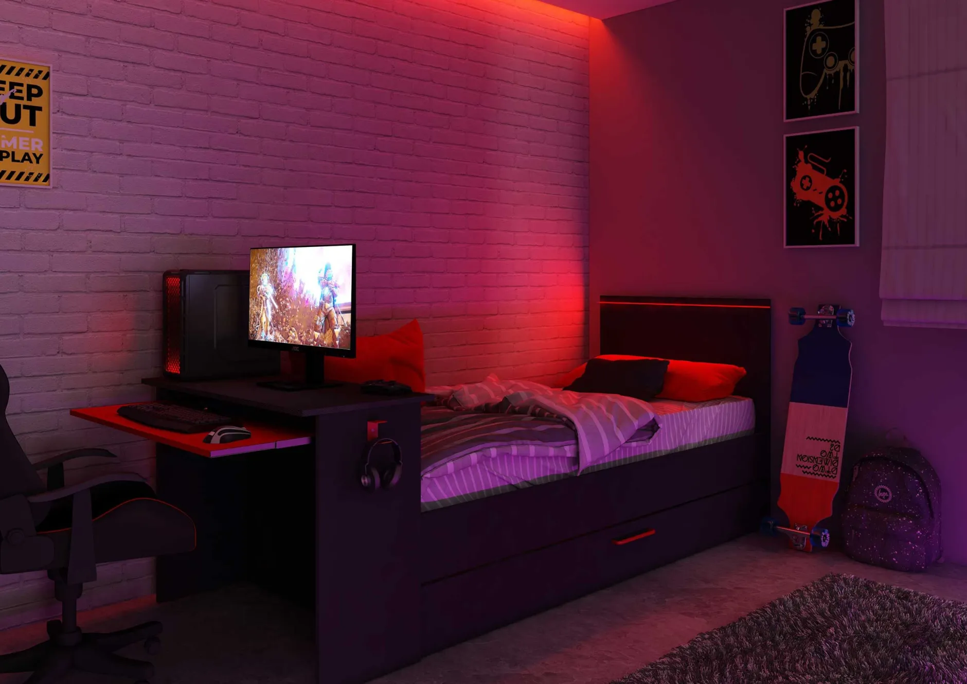 Funktionsbett Bzone 90x200 cm mit Bettschubkasten, Schreibtisch und LED-Beleuchtung - anthrazit