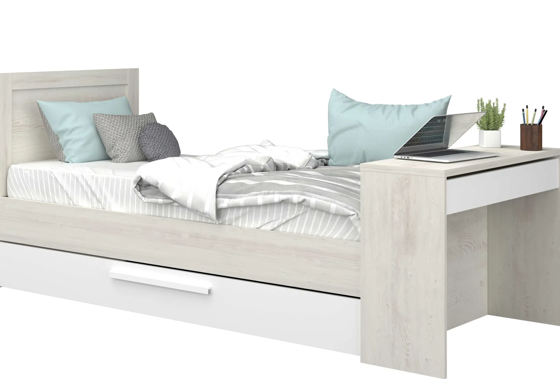 Funktionsbett Shipley 90x200 mit Schreibtisch und Bettschubkasten - weiß