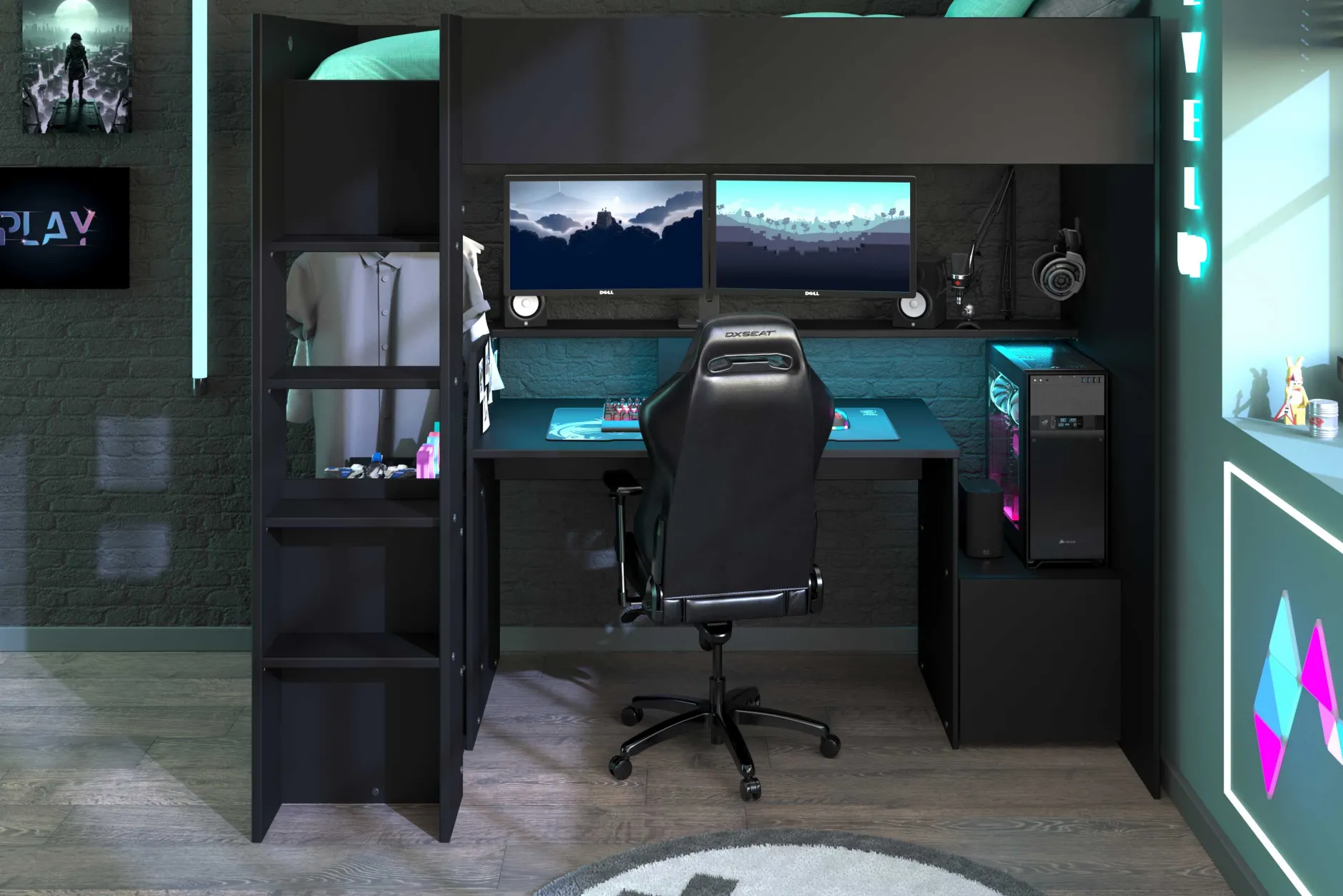 Gaming Hochbett LevelUp 90x200cm mit Spieltisch - schwarz
