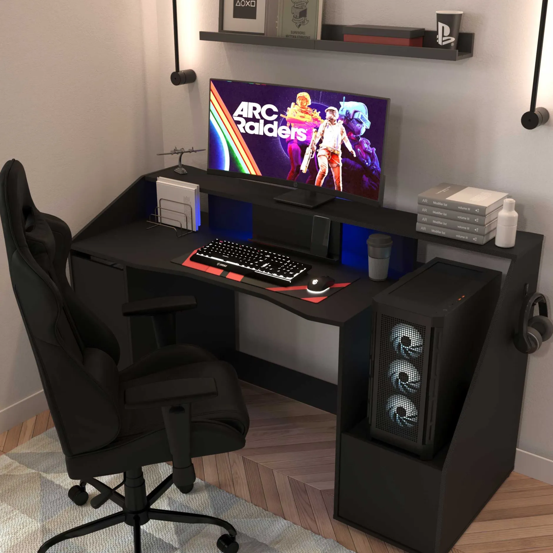 Gaming Schreibtisch Iron - 163x67x95cm - mit Ablage - schwarz