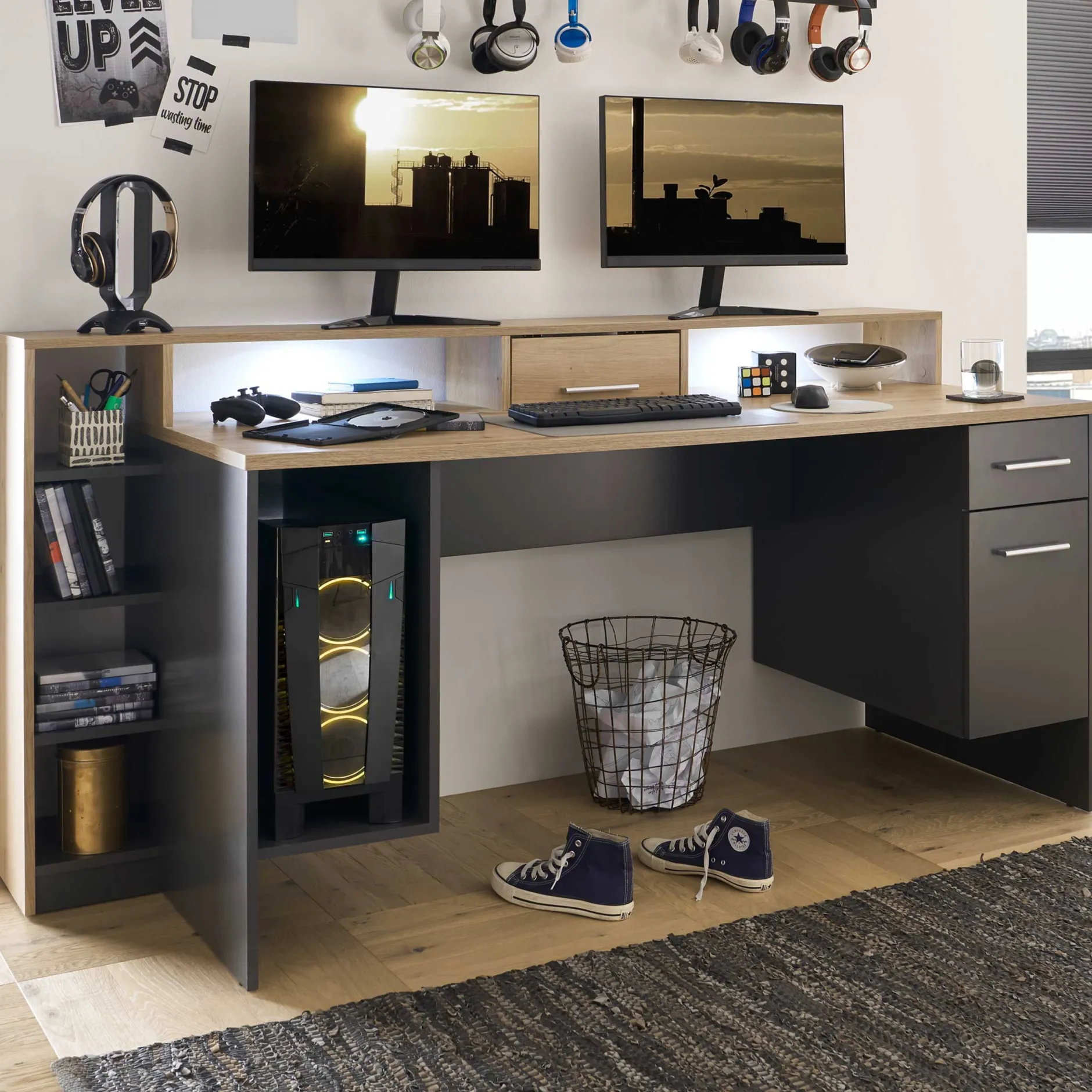 Gaming-Schreibtisch Tudi inkl. Lampe - grau/holz