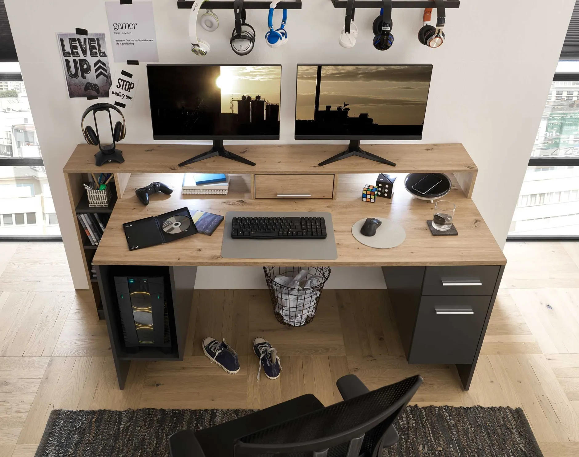 Gaming-Schreibtisch Tudi inkl. Lampe - grau/holz